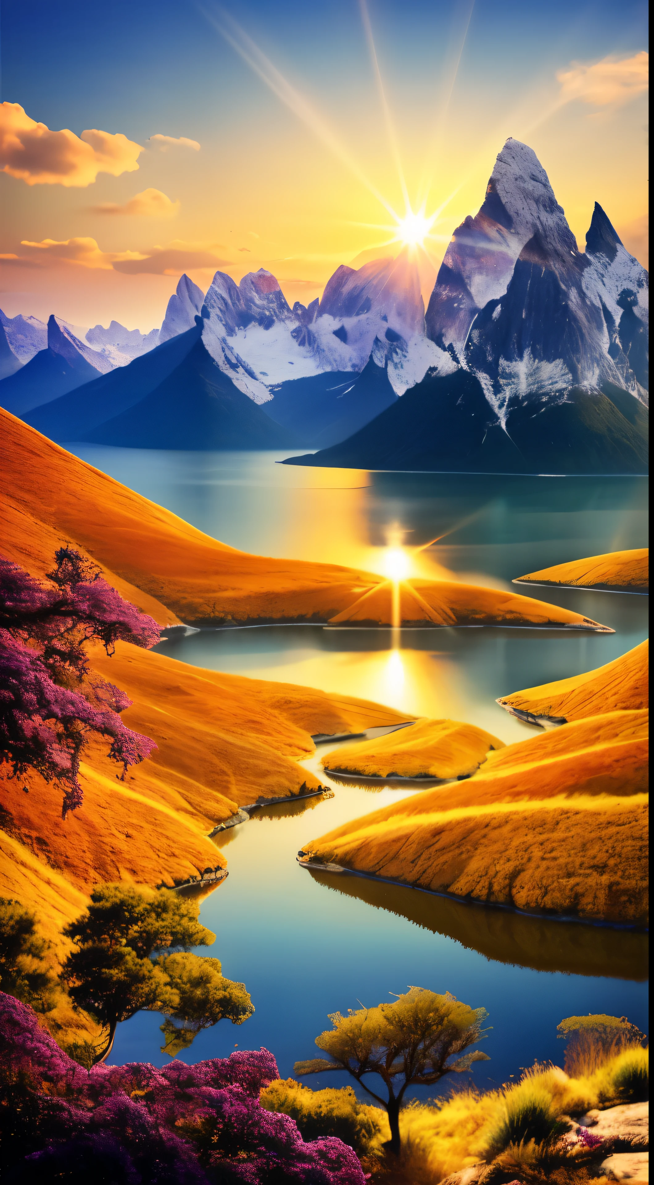 Create an image of a serene figure in deep meditation, set against the backdrop of a breathtaking landscape. This masterpiece requires captivating and fantastic lighting that brings out the intricacies of the scene. The sun casts a warm, golden glow over the land, bathing the landscape in a high-contrast and beautifully detailed light. The mountains in the distance, with their snow-capped peaks, appear ethereal and otherworldly, as the sun's rays reflect off their surfaces. The sky is alive with vibrant, photorealistic clouds, emitting radiant, glowing flower-shaped elements that add a touch of surreal beauty to the image. The tranquil waters