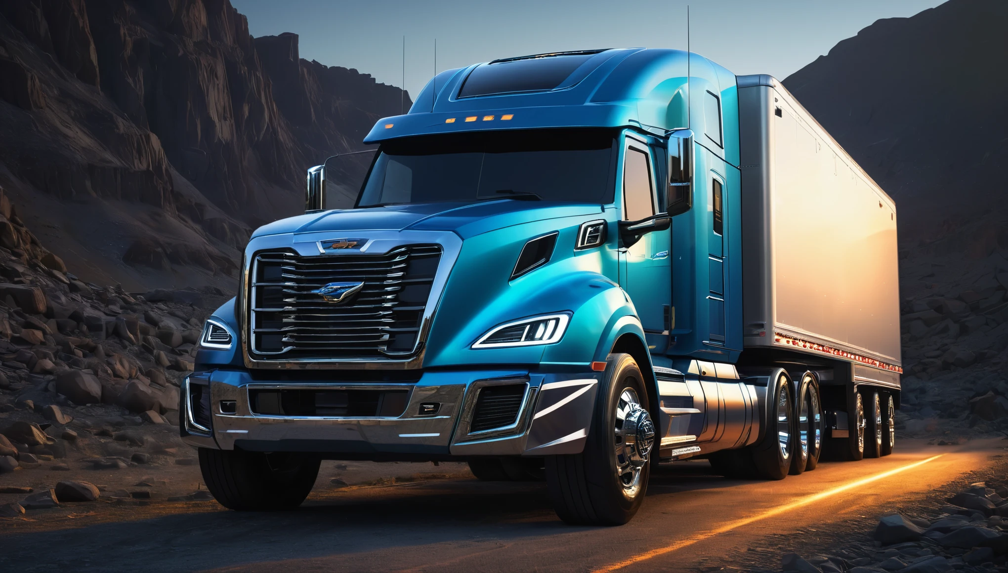 Create a concept sketch of a rugged large truck and trailer embodying the energy of photons, featuring glowing accents and electromagnetic-inspired detailing, ultra detailed, hyper realistic, 8k, vibrant colors, sharp crisp image