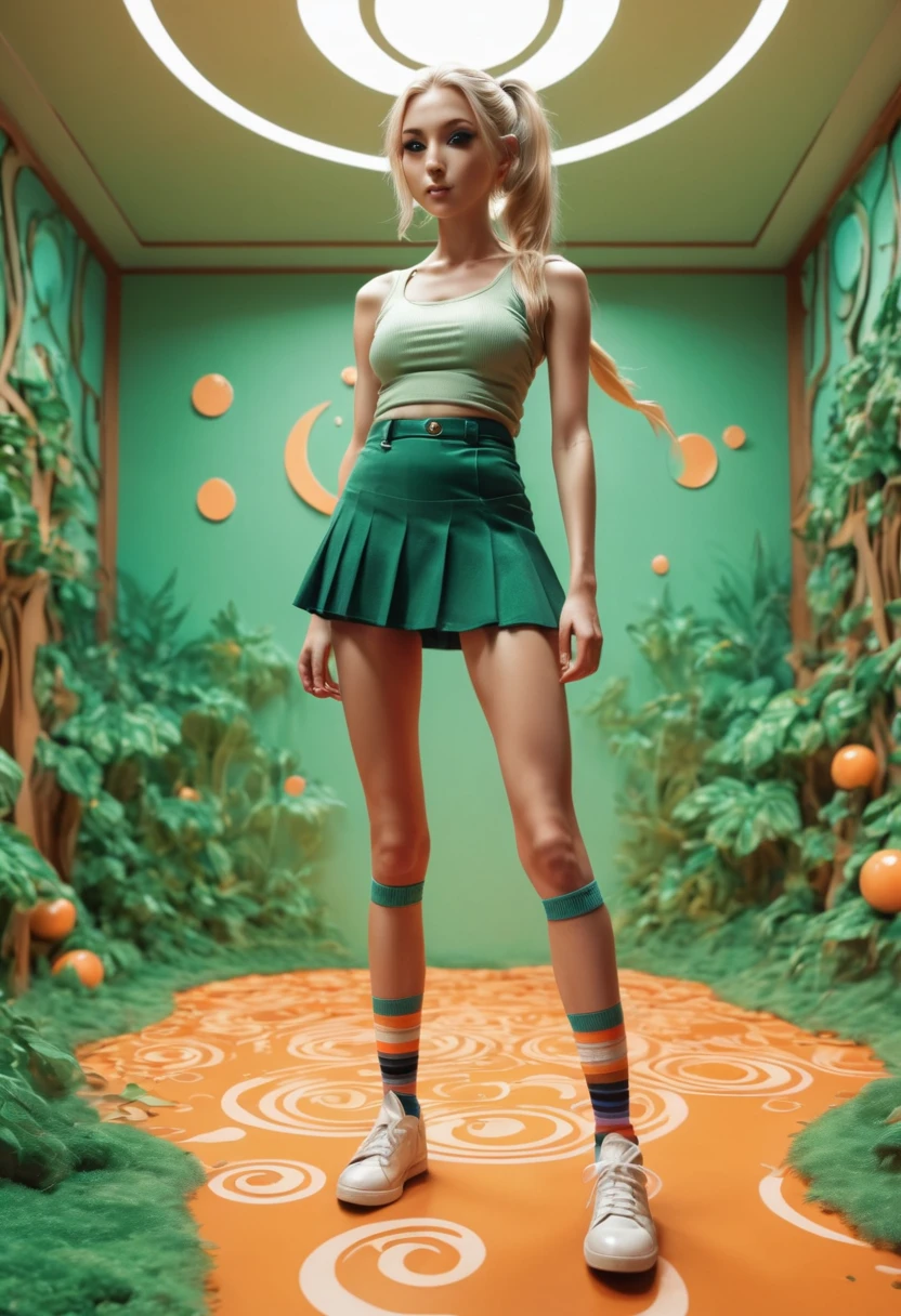 Marija, anime character, extremely skinny body shape, long legs, blonde hair with a high ponytail, mole under left eye, shoes and knee-high socks, miniskirt, tnak top, powerful, shy, submissive, the goddess of magic circles, magical powers, circles of light that emanate from his hands, action, color theme in green and orange tones with a touch of gray and brown, anime colors, fang, Surrealism, drop shadow, anaglyph, stereogram, tachi-e, pov, atmospheric perspective, 8k, super detail, ccurate, best quality