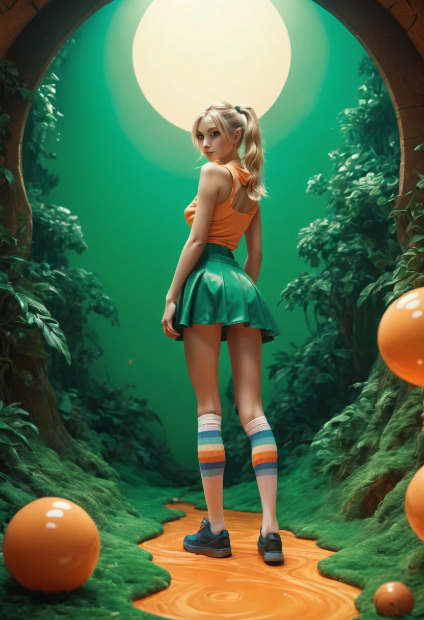 Marija, anime character, extremely skinny body shape, long legs, blonde hair with a high ponytail, mole under left eye, shoes and knee-high socks, miniskirt, tnak top, powerful, shy, submissive, the goddess of magic circles, magical powers, circles of light that emanate from his hands, action, color theme in green and orange tones with a touch of gray and brown, anime colors, fang, Surrealism, drop shadow, anaglyph, stereogram, tachi-e, pov, atmospheric perspective, 8k, super detail, ccurate, best quality