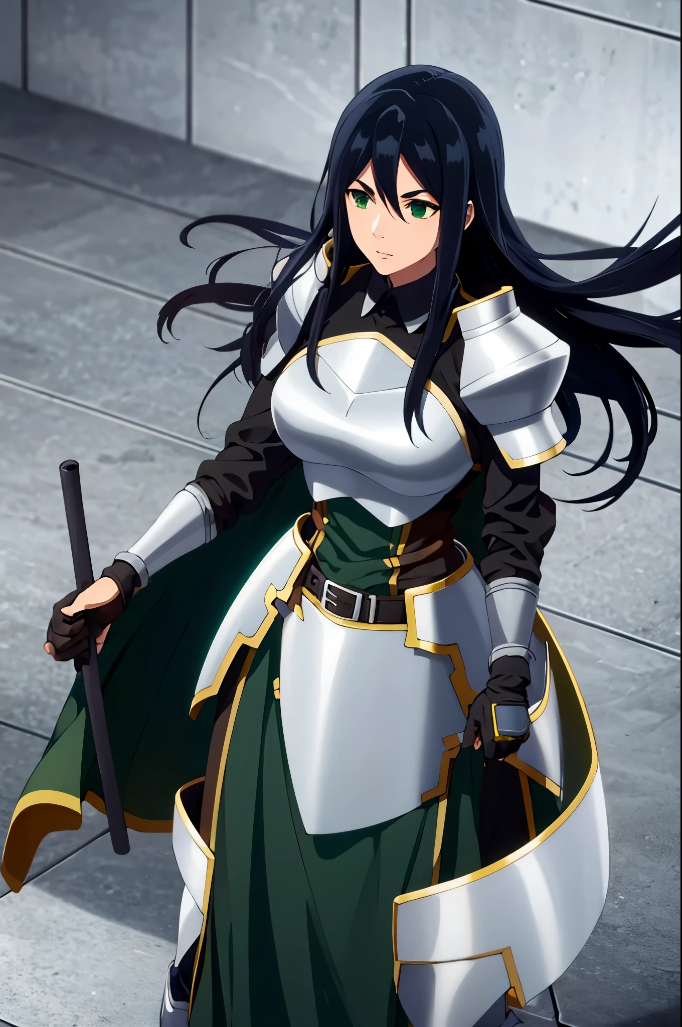 theodora dephilo, long hair, black hair, hair between eyes, very long hair, (green eyes:1.3),gloves, black gloves, belt, fingerless gloves, armor, shoulder armor, breastplate,