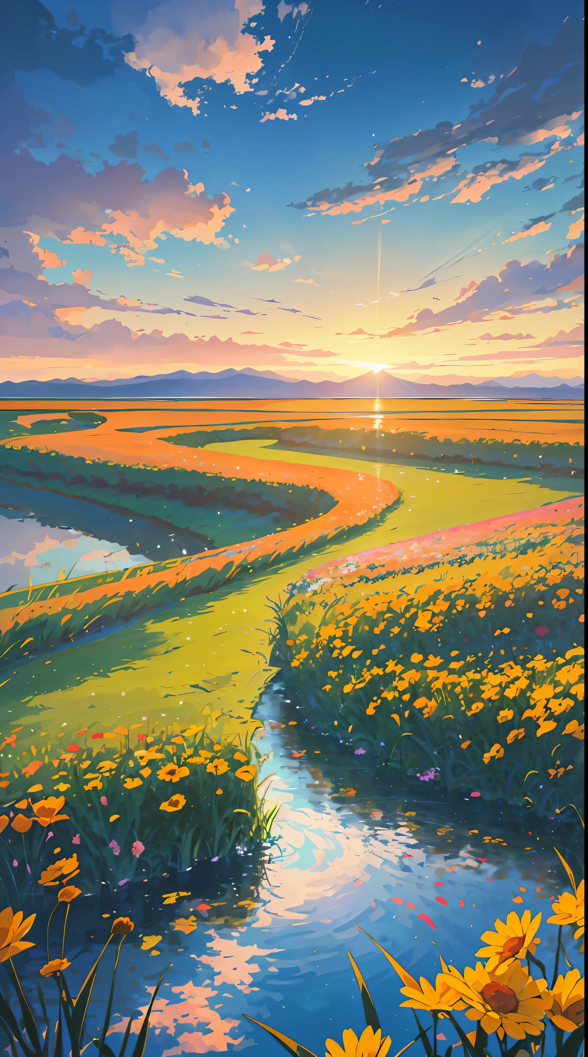 sunset, lake, flower fields, filled with flowers,
meadows, bright sun, blue sky, cloudy, stars, big clouds, 4k, stunning, sharp, intricate details, (high resolution: 1.5), saturated, plants in water flowers, more land less water, tall grass, detailed plants and trees, no human