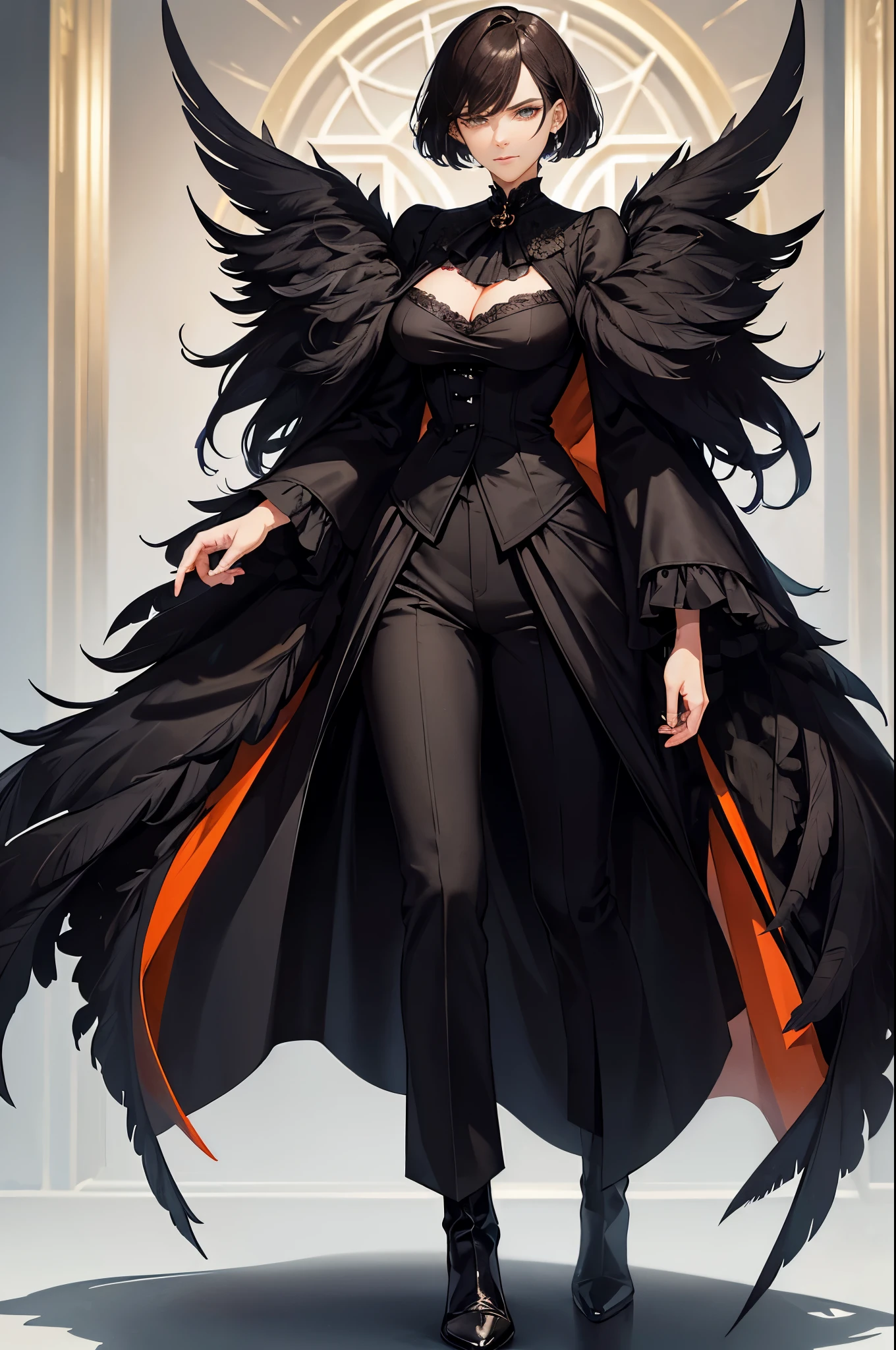 Serious face, smirking, arrogant, regal, dark hair, messy pixie cut, middle-aged woman, tall, black feather long coat, fluffy feather coat, beautiful face, womanly face, ballroom, full body suit, victorian clothing, black pants, black shirt, orange color eyes, anime, high details, best quality, masterpiece, detailed eyes, perfect eyes
