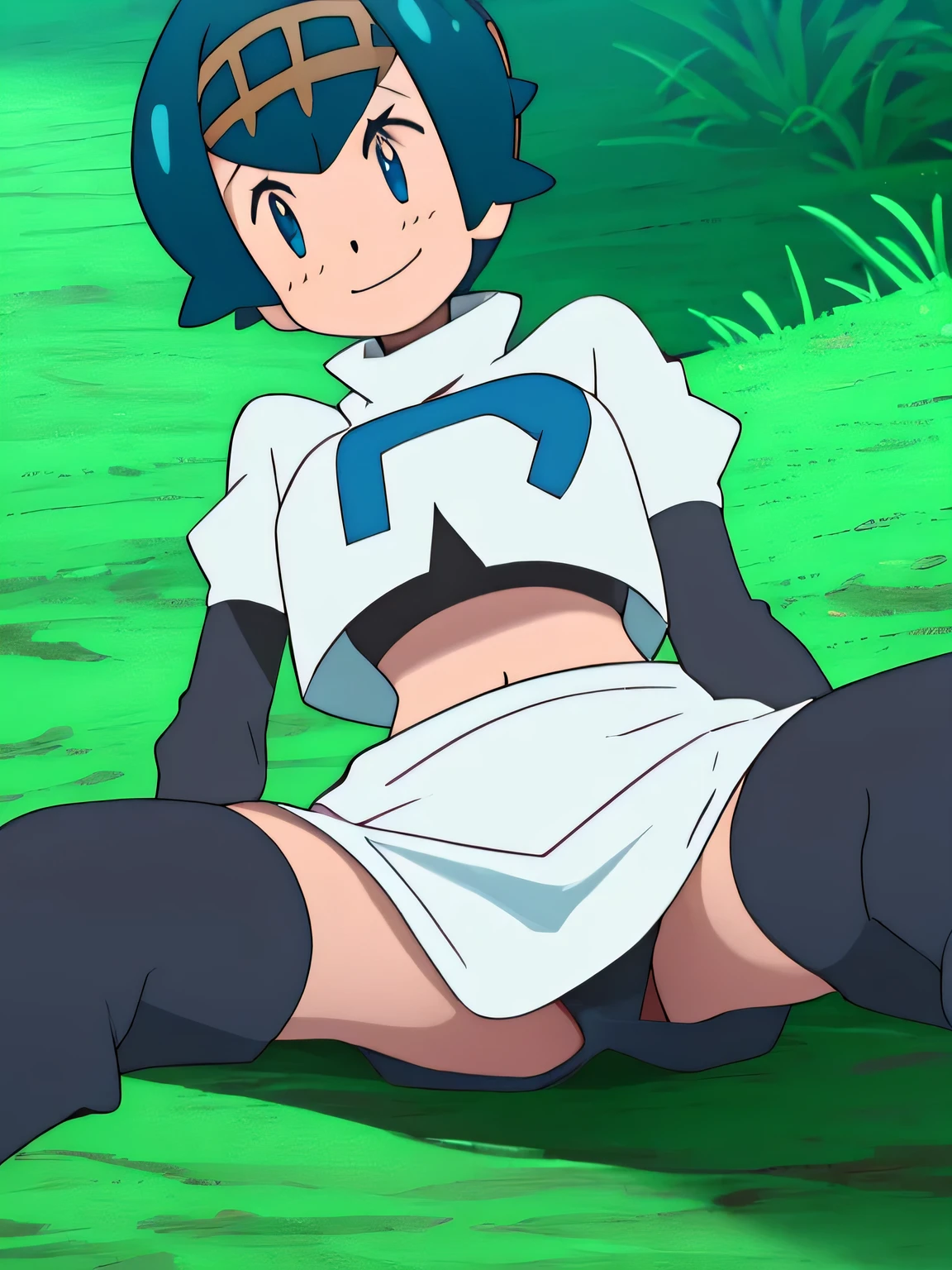 view of the valley, with grass, team rocket uniform, red letter r, white skirt,white crop top,black thigh-high boots, black elbow gloves, evil smile, looking down at viewer, hands behind head, spread legs, from below, black panties, lying down,
