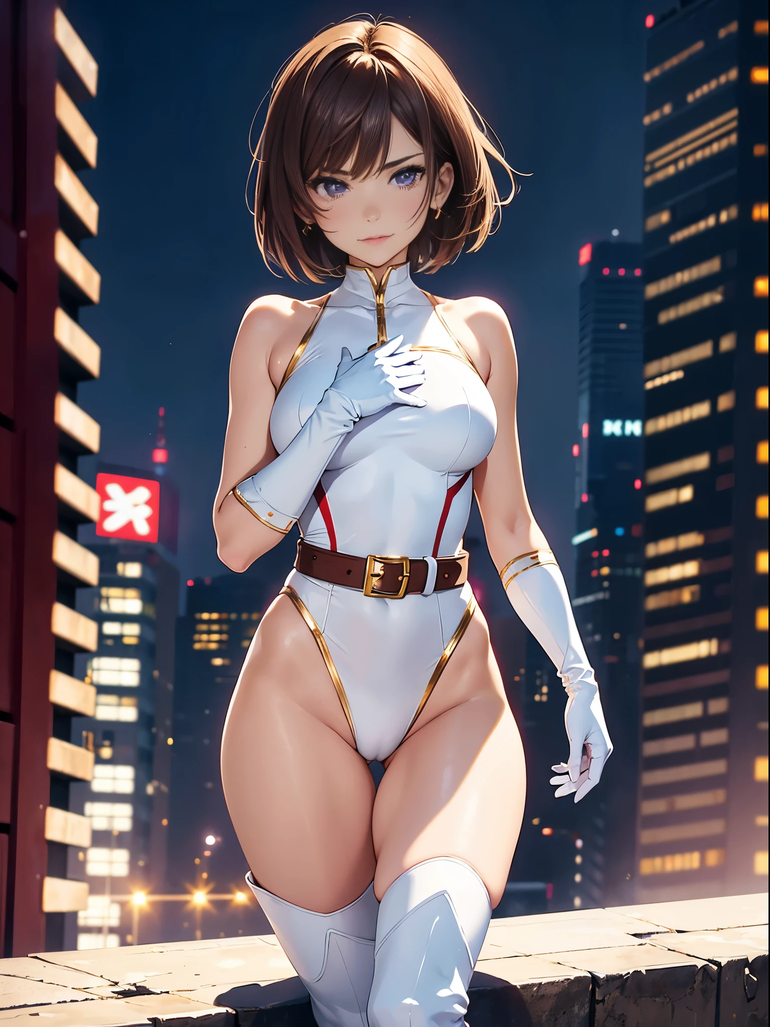 1girl, medium breasts, leotard, white and red leotard, bare legs, tight belt, gold belt, boots, matching boots, ankle boots, white boots, gloves, white glove, city backdrop, tokyo city backdrop, solo, single, hands on hip, standing, full body shot, cowboy shot, superhero, beautiful detailed eyes, mature lady, gold star symbol on chest, brown hair, short hair, bob hair, purple eyes, sleeveless, perfect anatomy, masterpiece