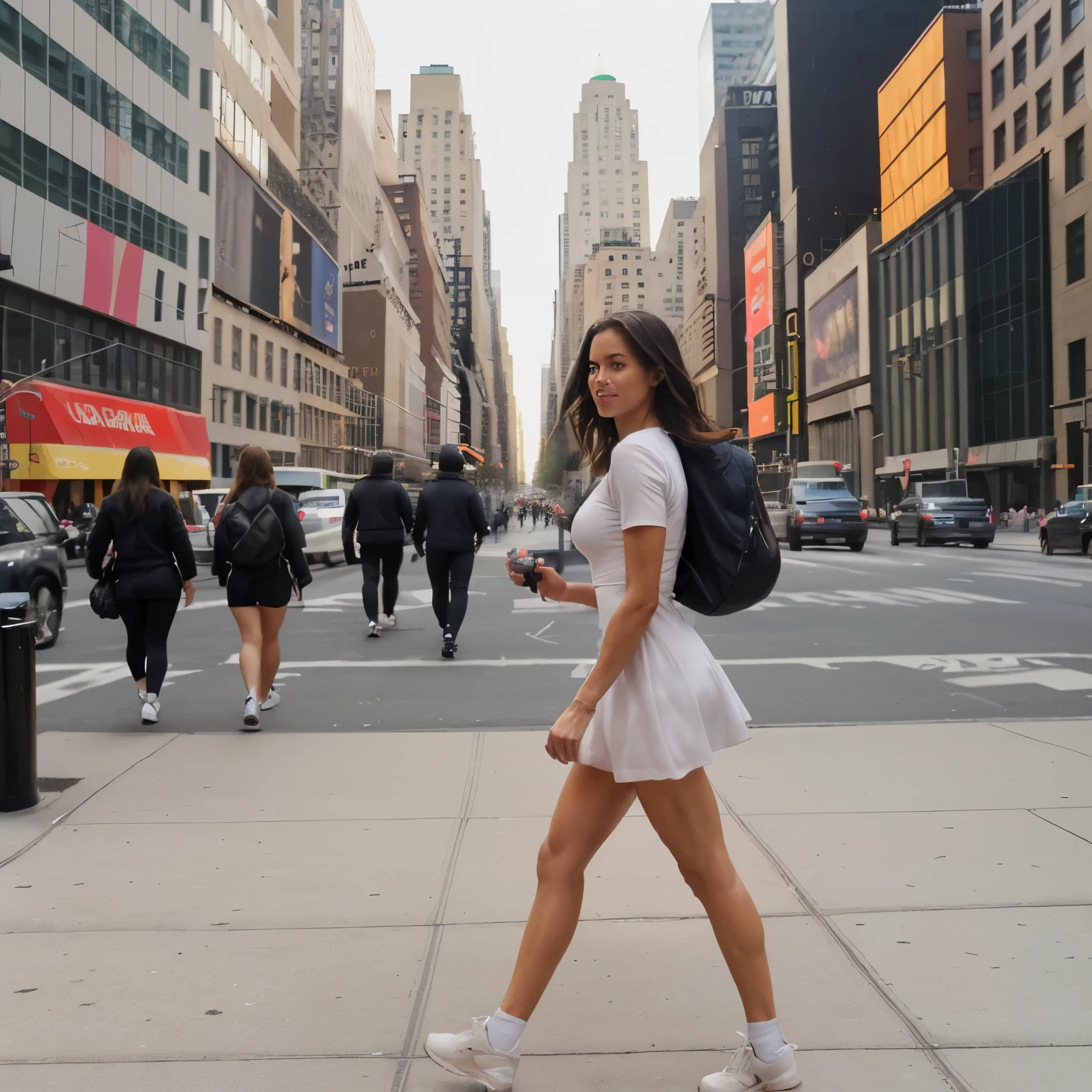 Fitness woman walking during the day on the streets of New York with a dress showing her legs 