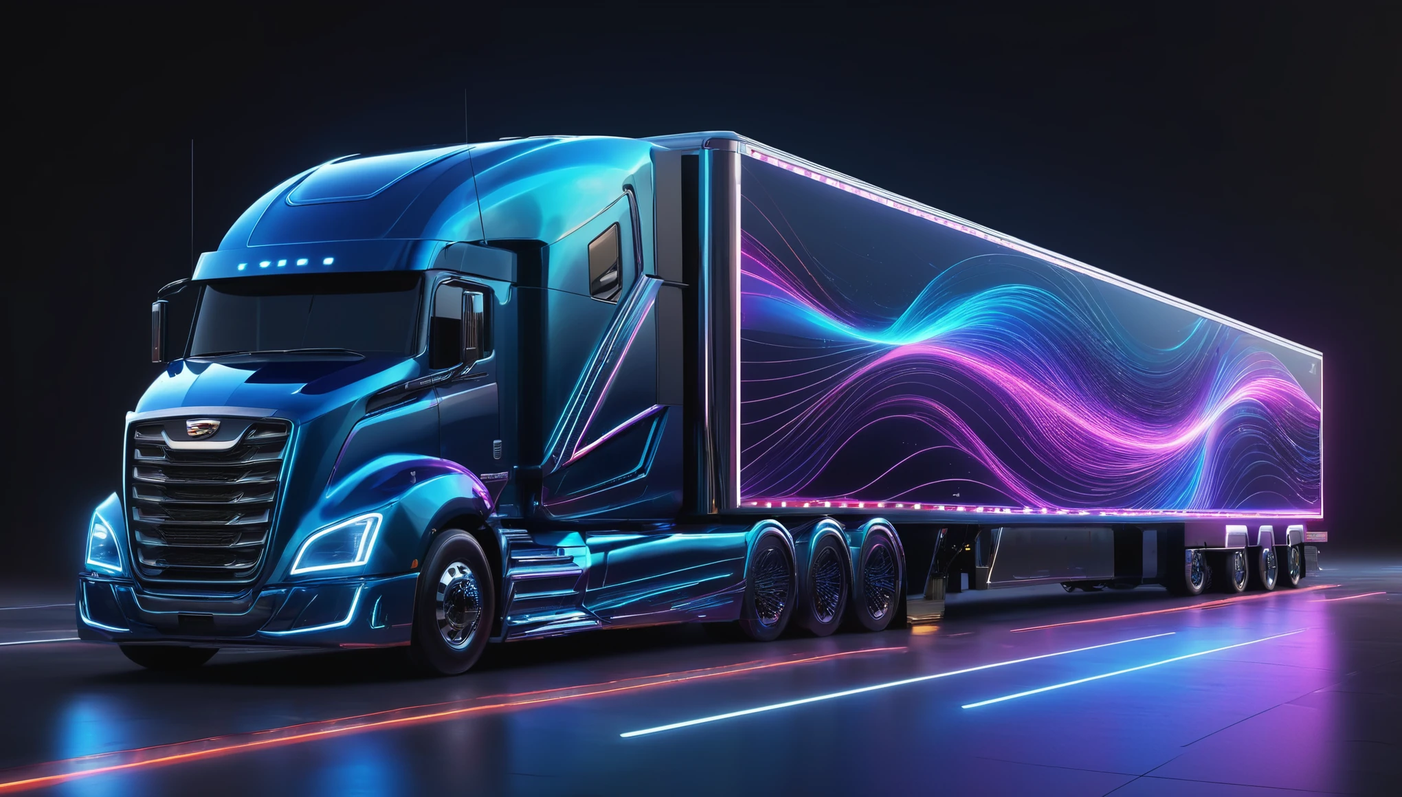 Generate an image of a futuristic truck and trailer, shape and design, inspired by the wave-particle duality of subatomic particles, with fluid lines and transformative capabilities, ultra detailed, hyper realistic, 8k, vibrant colors, sharp crisp image