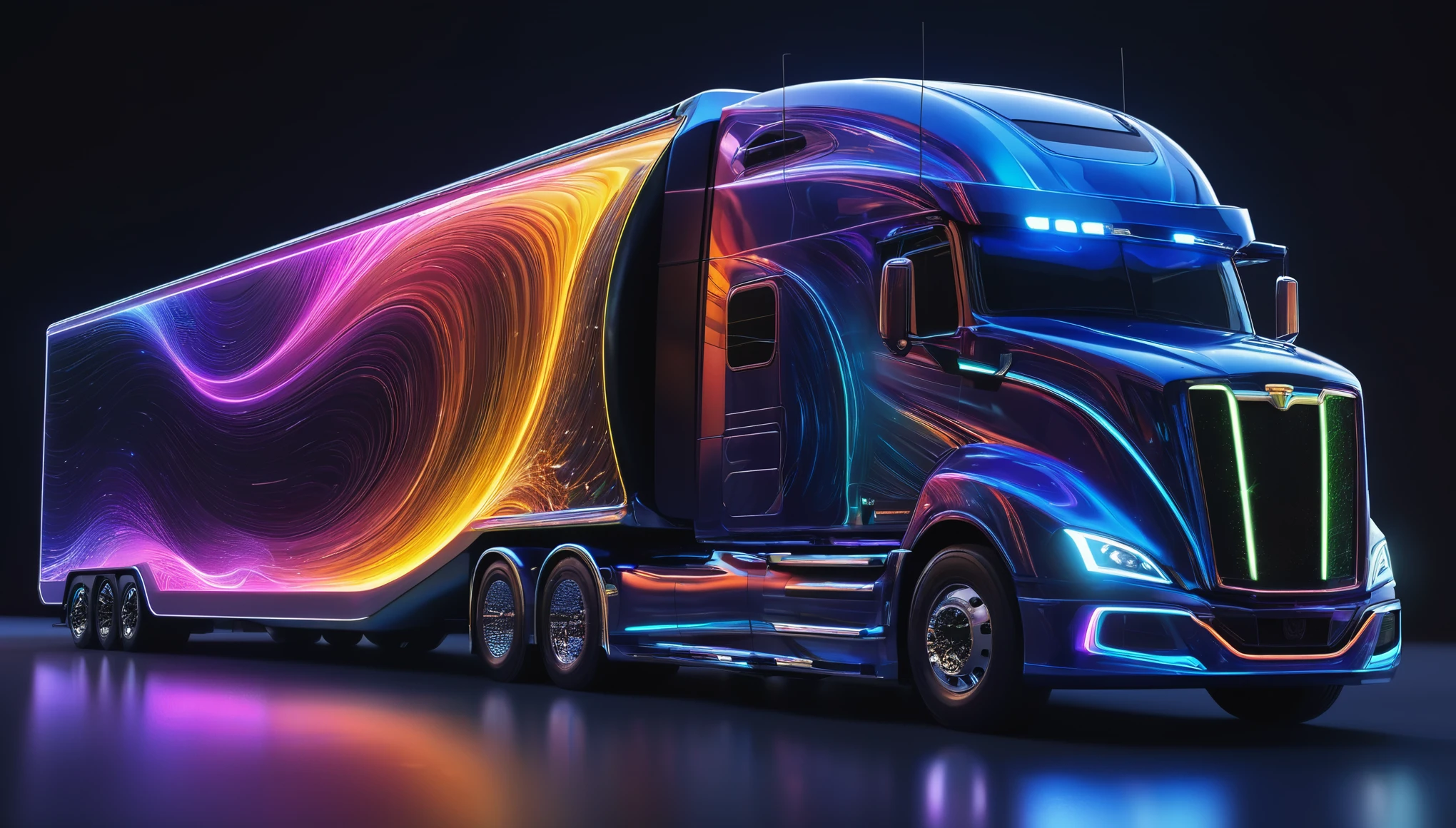 Generate an image of a futuristic truck and trailer, shape and design, inspired by the wave-particle duality of subatomic particles, with fluid lines and transformative capabilities, ultra detailed, hyper realistic, 8k, vibrant colors, sharp crisp image