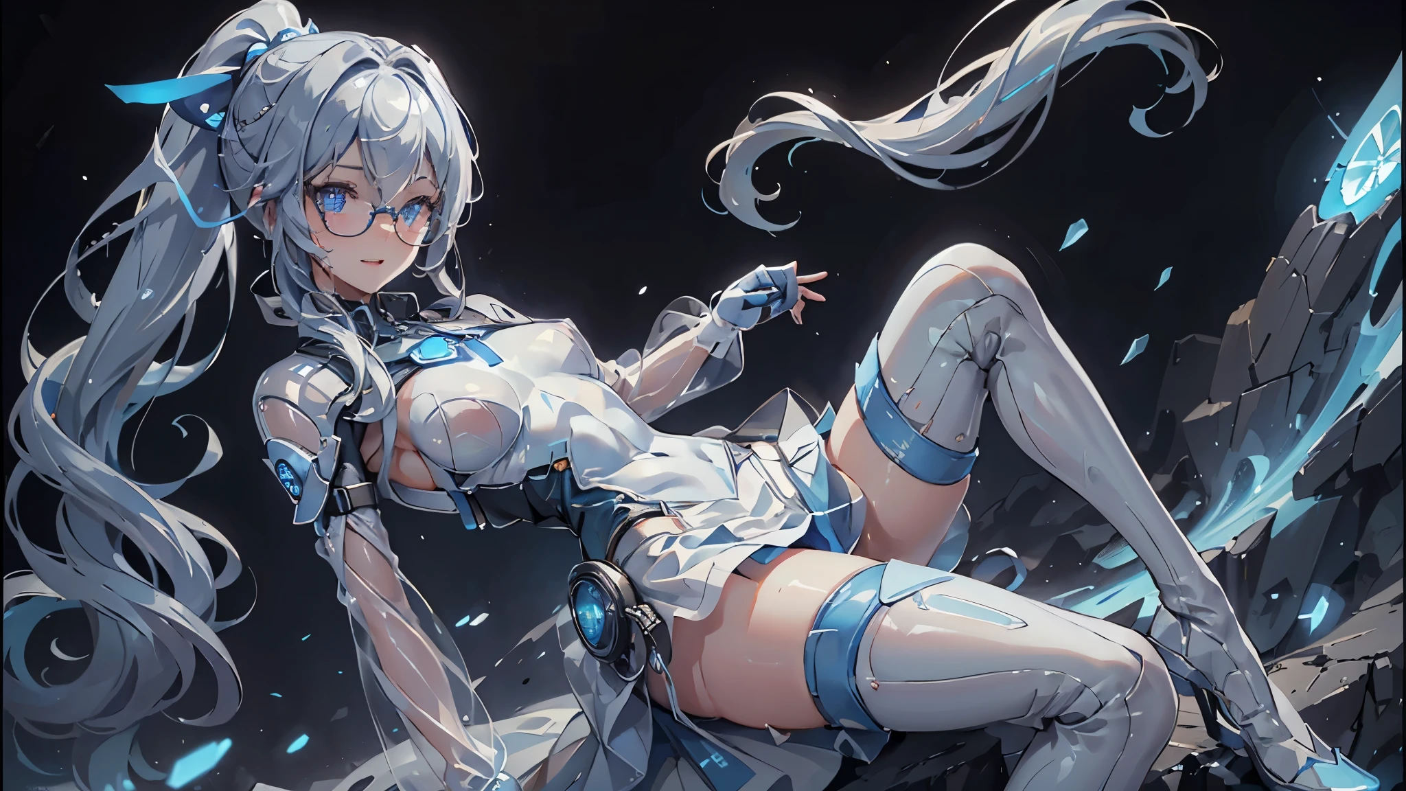 1 girl, solo,,,city,night,(((white and blue tight miniskirt bodysuit))),(wet with sweat),open mouth smile((See-through))glasses,((beautiful long ponytail)),((Baby girl body shape)), (((tmasterpiece),(Very detailed CG unity 8K wallpaper),best qualtiy,cinmatic lighting,detailed back ground,beatiful detailed eyes,Bright pupils,(Very fine and beautiful),(Beautiful and detailed eye description),ultra - detailed,tmasterpiece,)),facing at camera,