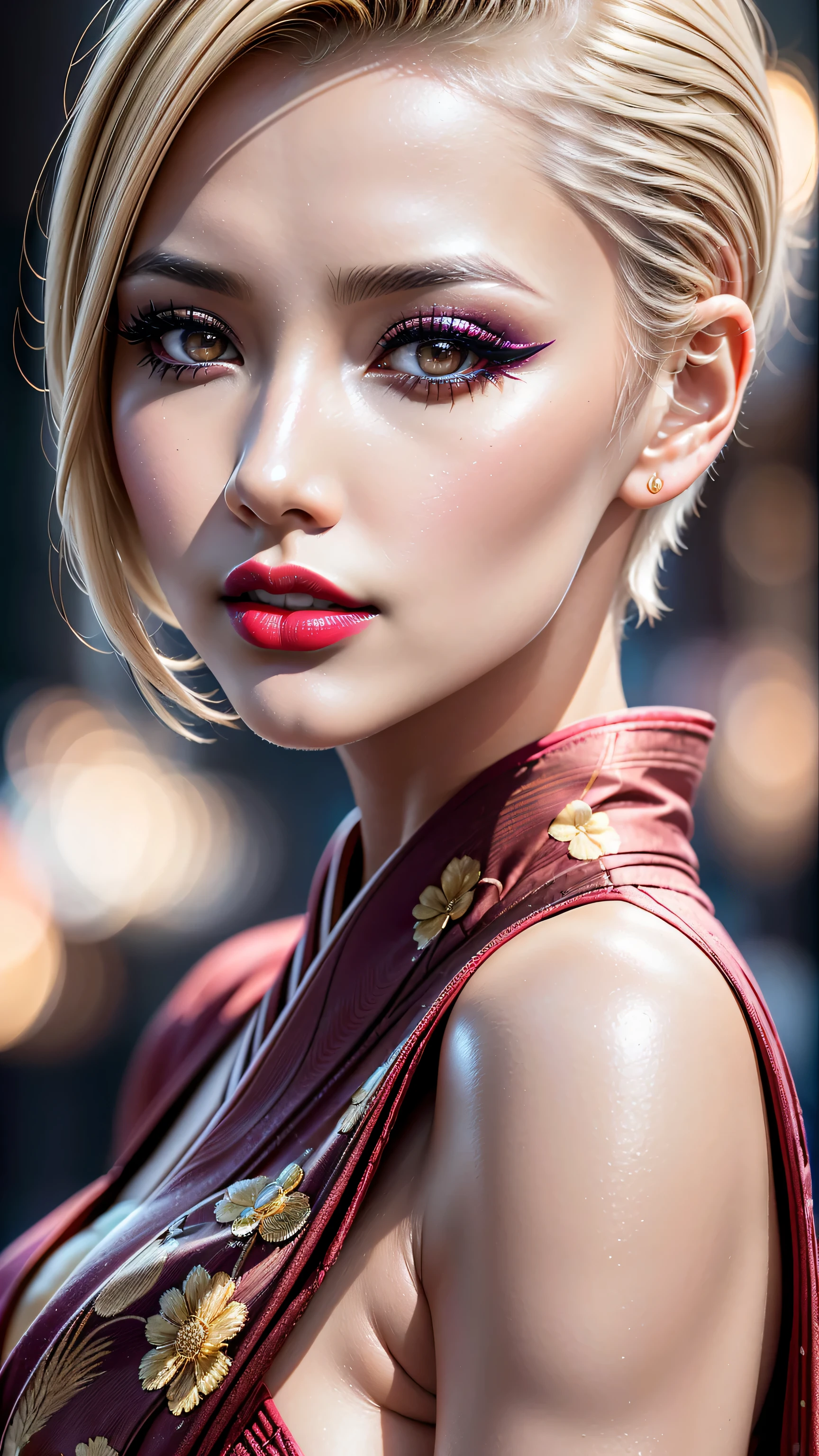Divide Ratio : 1,1,1 Base Ratio: ((portrait)),beauty (mixed girls) in (highly detailed 32k absurd art of a ((girl 18-year-old)) ),fashion supermodel,(best high quality real texture skin:1.3),((ebony skin female:1.2)),(best quality texture hair:1.4),BREAK,((short blonde hair ((slicked to the side)) extremely detailed:1.35)),((outside,an orchard of blooming cherry trees:1.3)),(best high quality:1.4),(photo realistic:1. 55),(Hyperrealism:1.55),(sharp focus),(highest resolution),((soft neon lighting on the face and body)),(perfect proportions),(anatomically correct),(perfect female body:1.4),(firm normal full breasts:1.3),slim face,beautiful cheekbones,((slim,swell-muscled body:1.24)),(Super beautiful face),(realistic face),(highly detailed face:1.55),(ultra detailed eyes), finely detailed face,finely quality eyes,(tired and sleepy and satisfied:0.0),(close up of a woman's eye with a digital rendering),realistic eyes,perfect round eyes,finely detailed pupils,(brown_eyes:1.28),BREAK,detailed lips:1.3,pink_makeup:1.3, long_blue_eyeliner:1.35, (red_lipstick:1.32),perfect dark_eyeshadows:1.35, there a close up of a woman's, (super detailed makeup on eyes:1.33), iridescent eyes, with professional makeup, vibrant eyes:1.22, (Detailed nose:1.2),BREAK,((super extravagant ((cut kimono cute)) wear)),small head:1.4,BREAK,makeup:1.22,BREAK,/(random u%u top:1.13),/exquisite balance of shadows,perfect composition,((upper body shot:1.3)),(((look at the viewer))), Hasselblad, 35mm f/1.8