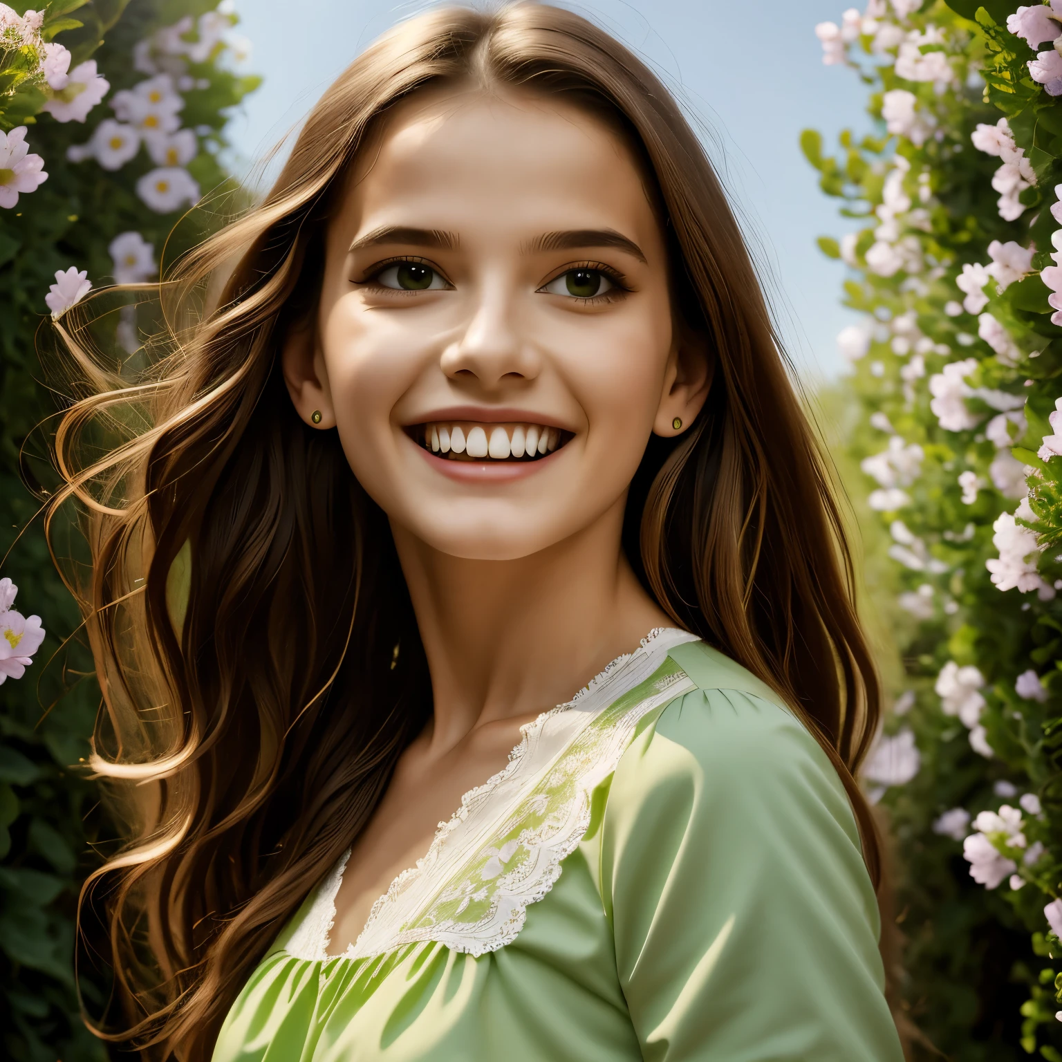 (masterpiece, best quality:1.2), Masterpiece, Best quality, 8k, 18 ans, Photo brute, absurdes, Award-winning portrait, sourire, sourire, pure, italian, elegant vibrant green dress, spring, orchard in bloom, laces, famous singer, cute, fit, healthy, lovely girl perfect girl bealtiful european babe european girl European model Italian italian girl
