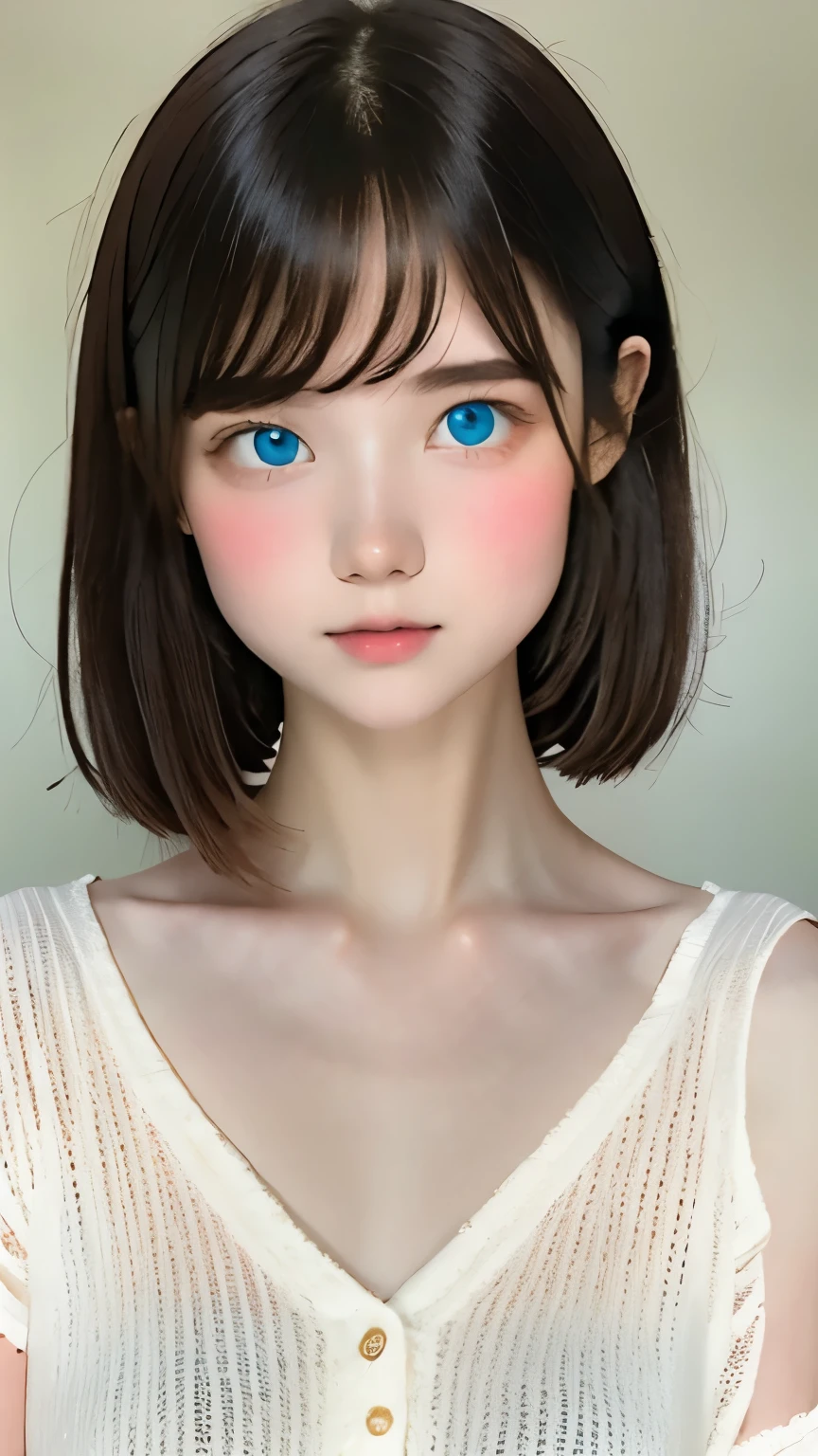 looking at the viewer, cinematic lighting, perfection, soft light, high resolution skins:1.2, realistic skin texture, ************、small face、No makeup、off shoulder,bust B cup、 exposed cleavage, blue eyes, short hair, dark brown hair、leggings、good for sports、full nude、gray background