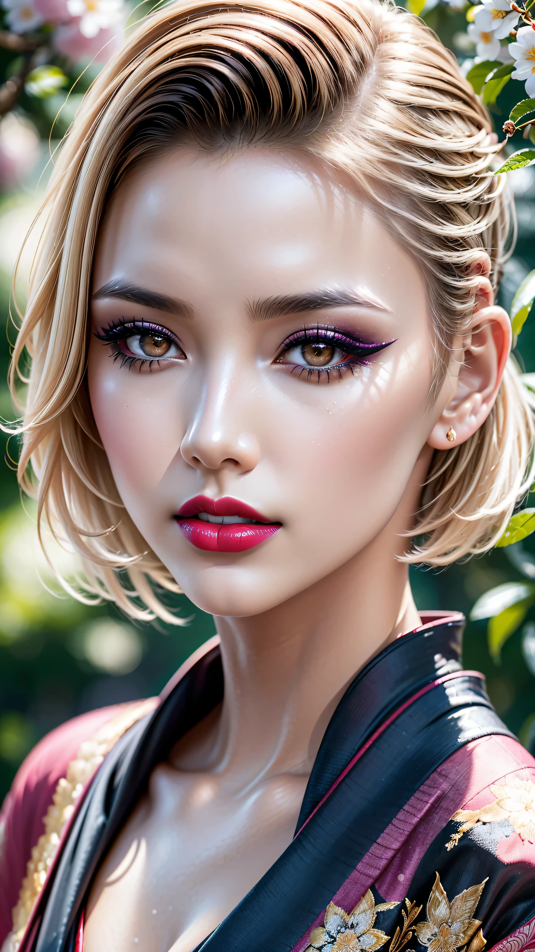 Divide Ratio : 1,1,1 Base Ratio: ((portrait)),beauty (mixed girls) in (highly detailed 32k absurd art of a ((girl 18-year-old)) ),fashion supermodel,(best high quality real texture skin:1.3),((ebony skin female:1.2)),(best quality texture hair:1.4),BREAK,((short blonde hair ((slicked to the side)) extremely detailed:1.35)),((outside,an orchard of blooming cherry trees:1.3)),(best high quality:1.4),(photo realistic:1. 55),(Hyperrealism:1.55),(sharp focus),(highest resolution),((soft neon lighting on the face and body)),(perfect proportions),(anatomically correct),(perfect female body:1.4),(firm normal full breasts:1.3),slim face,beautiful cheekbones,((slim,swell-muscled body:1.24)),(Super beautiful face),(realistic face),(highly detailed face:1.55),(ultra detailed eyes), finely detailed face,finely quality eyes,(tired and sleepy and satisfied:0.0),(close up of a woman's eye with a digital rendering),realistic eyes,perfect round eyes,finely detailed pupils,(brown_eyes:1.28),BREAK,detailed lips:1.3,pink_makeup:1.3, long_blue_eyeliner:1.35, (red_lipstick:1.32),perfect dark_eyeshadows:1.35, there a close up of a woman's, (super detailed makeup on eyes:1.33), iridescent eyes, with professional makeup, vibrant eyes:1.22, (Detailed nose:1.2),BREAK,((super extravagant ((cut kimono cute)) wear)),small head:1.4,BREAK,makeup:1.22,BREAK,/(random u%u top:1.13),/exquisite balance of shadows,perfect composition,((upper body shot:1.3)),(((look at the viewer))), Hasselblad, 35mm f/1.8