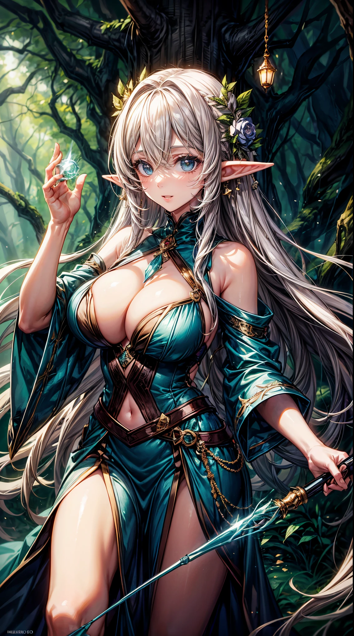 masterpiece,highest quality,Ultra high definition, A noble and beautiful elf woman stands quietly in an ancient forest. Her long, flowing blonde hair shines in the sunlight. Her skin is translucent, her ears are pointed, and her green eyes reflect the life of the forest. She wears shining emerald robes and holds a magic wand in her hand. In the background, huge old trees and glowing particles of light dance, creating a mysterious atmosphere,smile, I have a magic wand