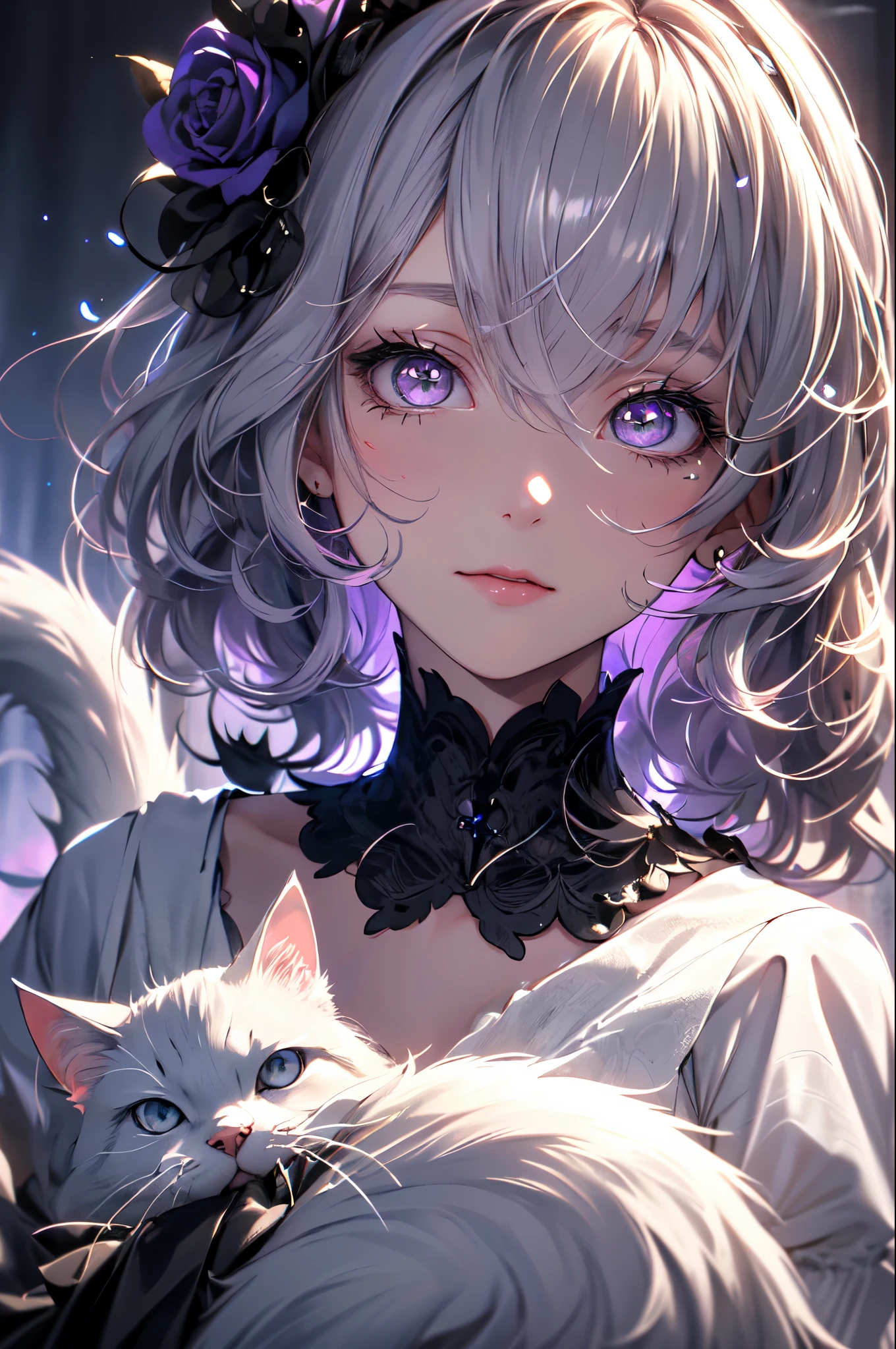 The work of a hyperrealist artist, Her details are lovingly painted,1 female, mature beautiful woman,alone, ウェーブのかかった長いgray hair, gray hair, bangs,fluffy hair,white cat ears,Odd-eyed purple and pink eyes, long eyelashes, thick eyelashes, closed mouth,Gothic Lolita fashion based on noble black、gothic dress,gorgeous dress, (long sleeve:1.2),Delicate lace and ribbon、elegant decoration、A black bonnet and a purple rose on my head,whole body,particles of light, soft lighting, volume lighting, intricate details, finely, dramatic, cinematic, highest quality, masterpiece, looking at the viewer, The background is a purple bright wallpaper with a moon, Abundant light,rays of moonlight,from behind,