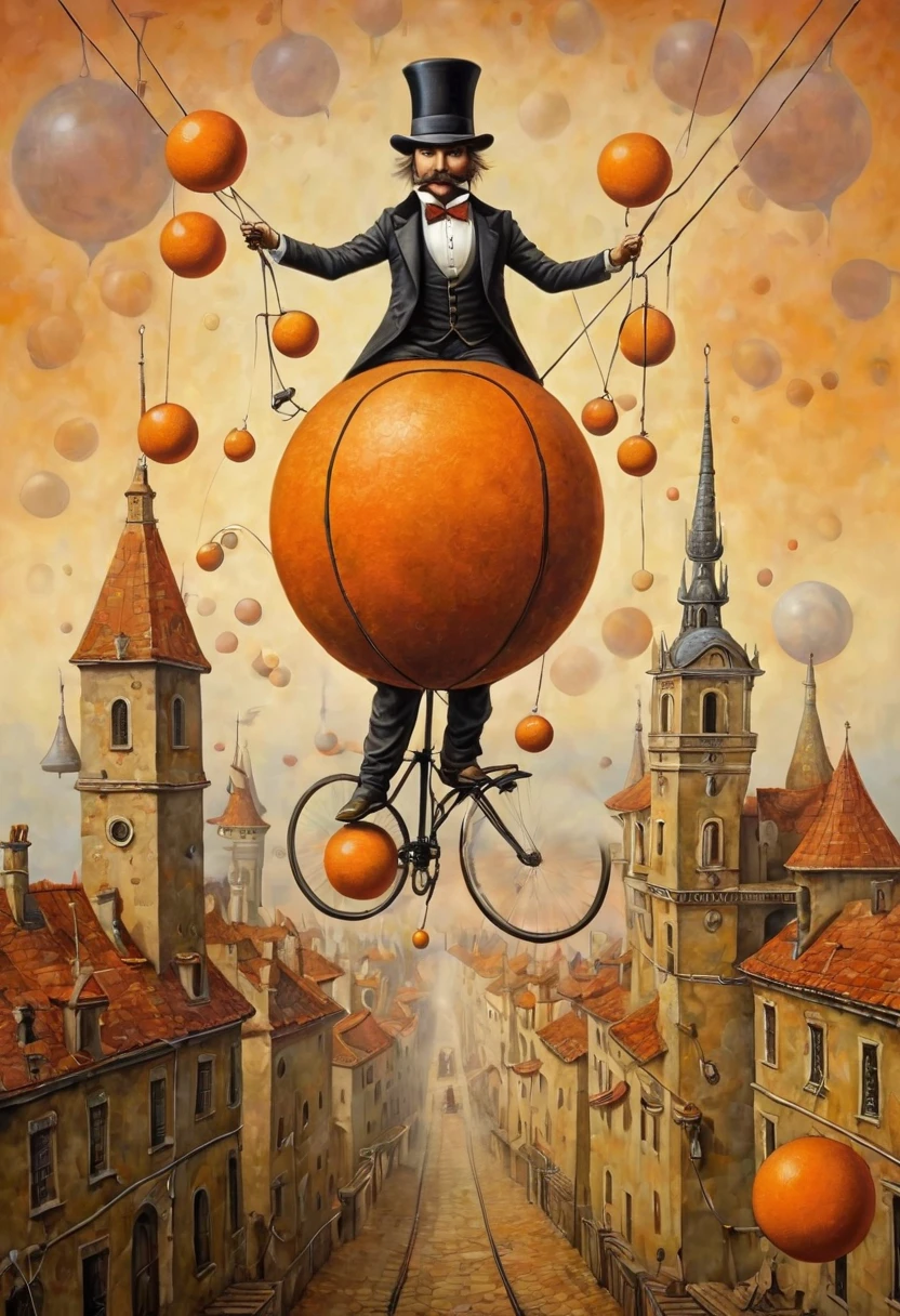 Neo surrealism, whimsical art, painting, fantasy, magical realism, bizarre art, pop surrealism, inspired by Remedios Var, Jacek Yerka and Gabriel Pacheco. Create an a  man with a top hat riding a unicycle on a wire that is placed between two towers and juggling smaller orange balls