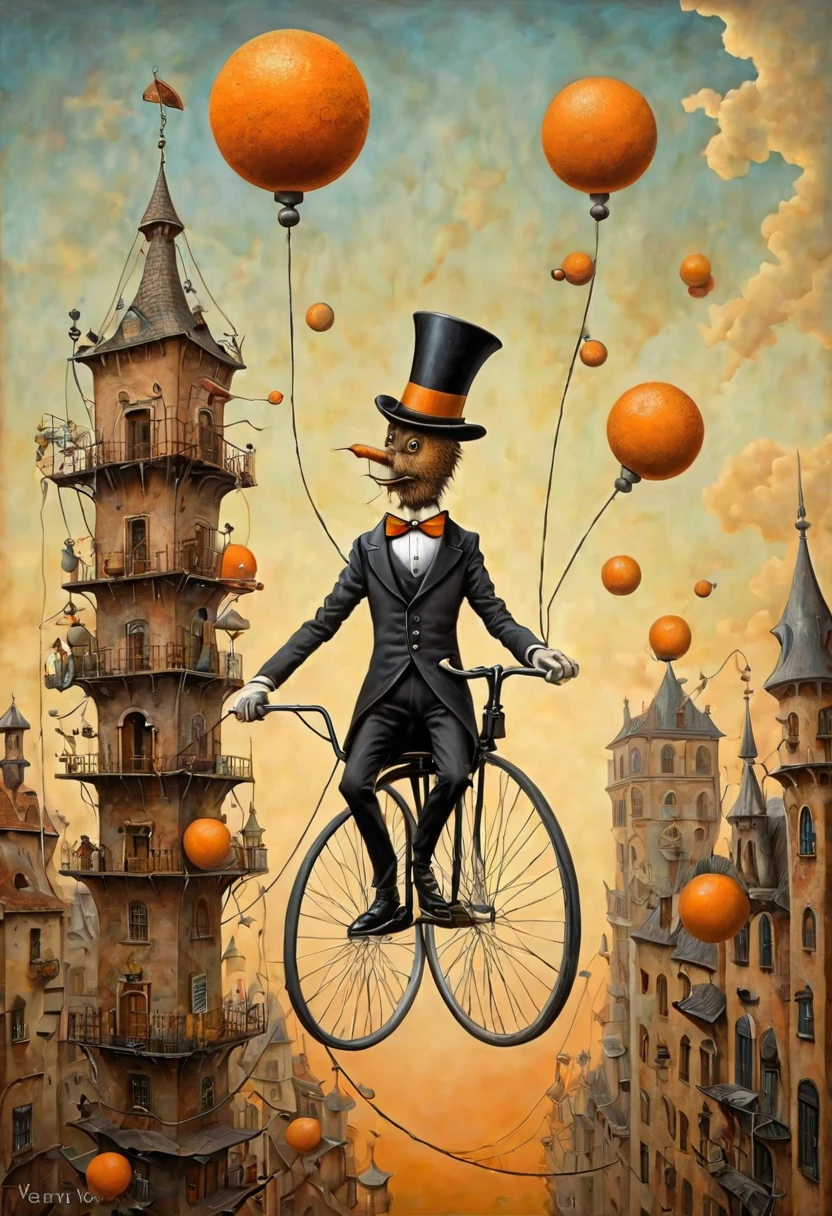 Neo surrealism, whimsical art, painting, fantasy, magical realism, bizarre art, pop surrealism, inspired by Remedios Var, Jacek Yerka and Gabriel Pacheco. Create an a  man with a top hat riding a unicycle on a wire that is placed between two towers and juggling smaller orange balls