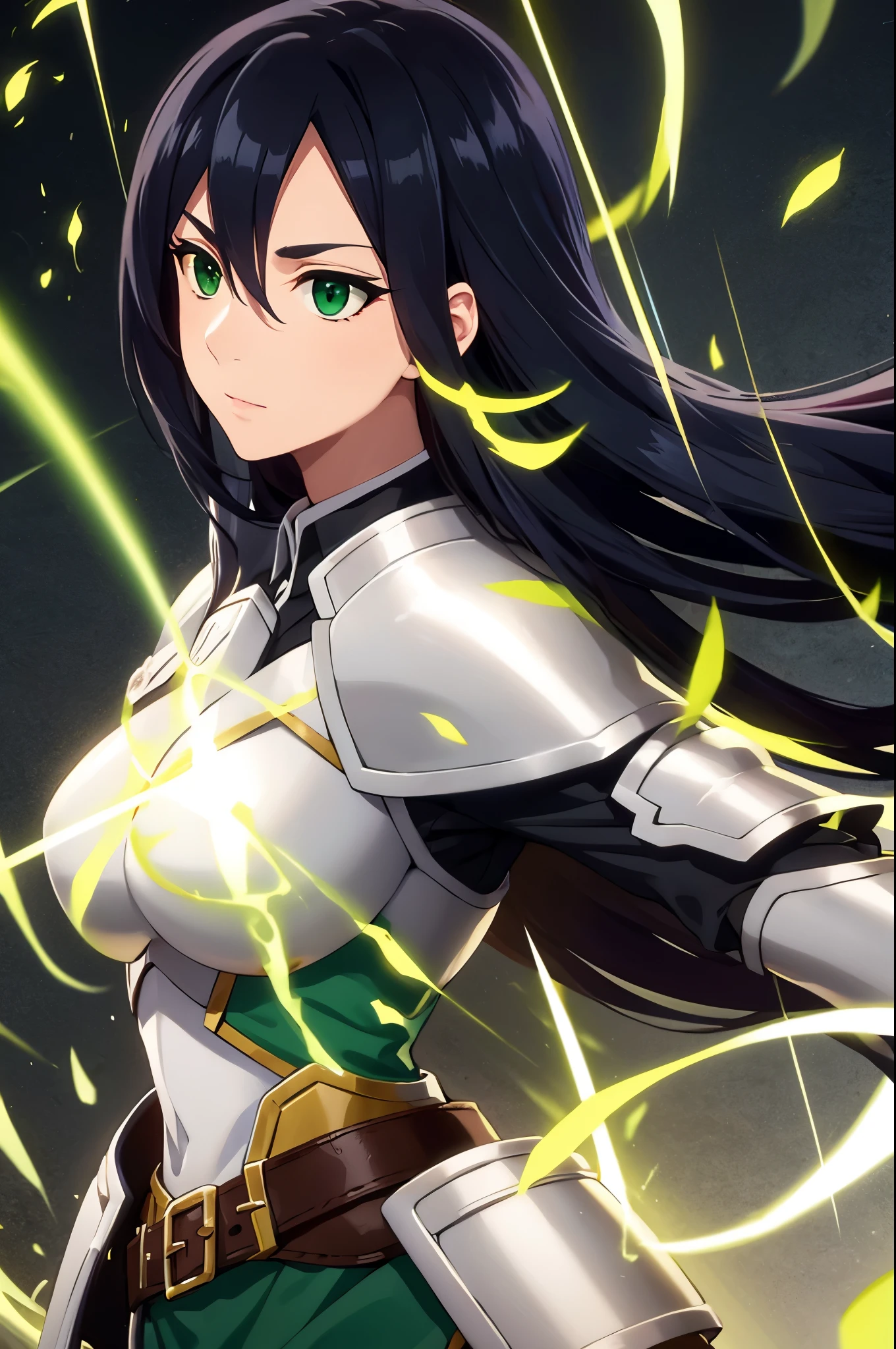 theodora dephilo, long hair, black hair, hair between eyes, very long hair, (green eyes:1.3),gloves, black gloves, belt, fingerless gloves, armor, shoulder armor, breastplate,
