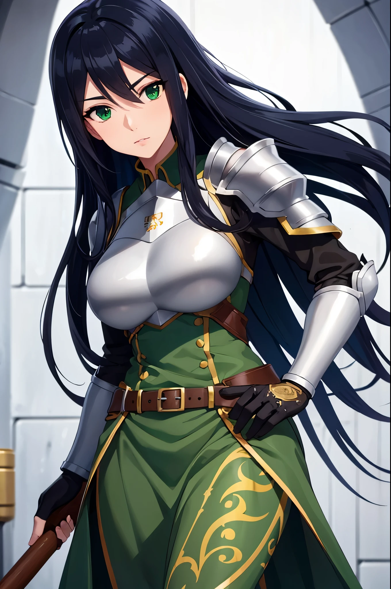 theodoradephilo, theodora dephilo, long hair, black hair, hair between eyes, very long hair, (green eyes:1.3), BREAK gloves, black gloves, belt, fingerless gloves, armor, shoulder armor, breastplate, BREAK outdoors, BREAK looking at viewer, (cowboy shot:1.5), BREAK (masterpiece:1.2), best quality, high resolution, unity 8k wallpaper, (illustration:0.8), (beautiful detailed eyes:1.6), extremely detailed face, perfect lighting, extremely detailed CG, (perfect hands, perfect anatomy),
