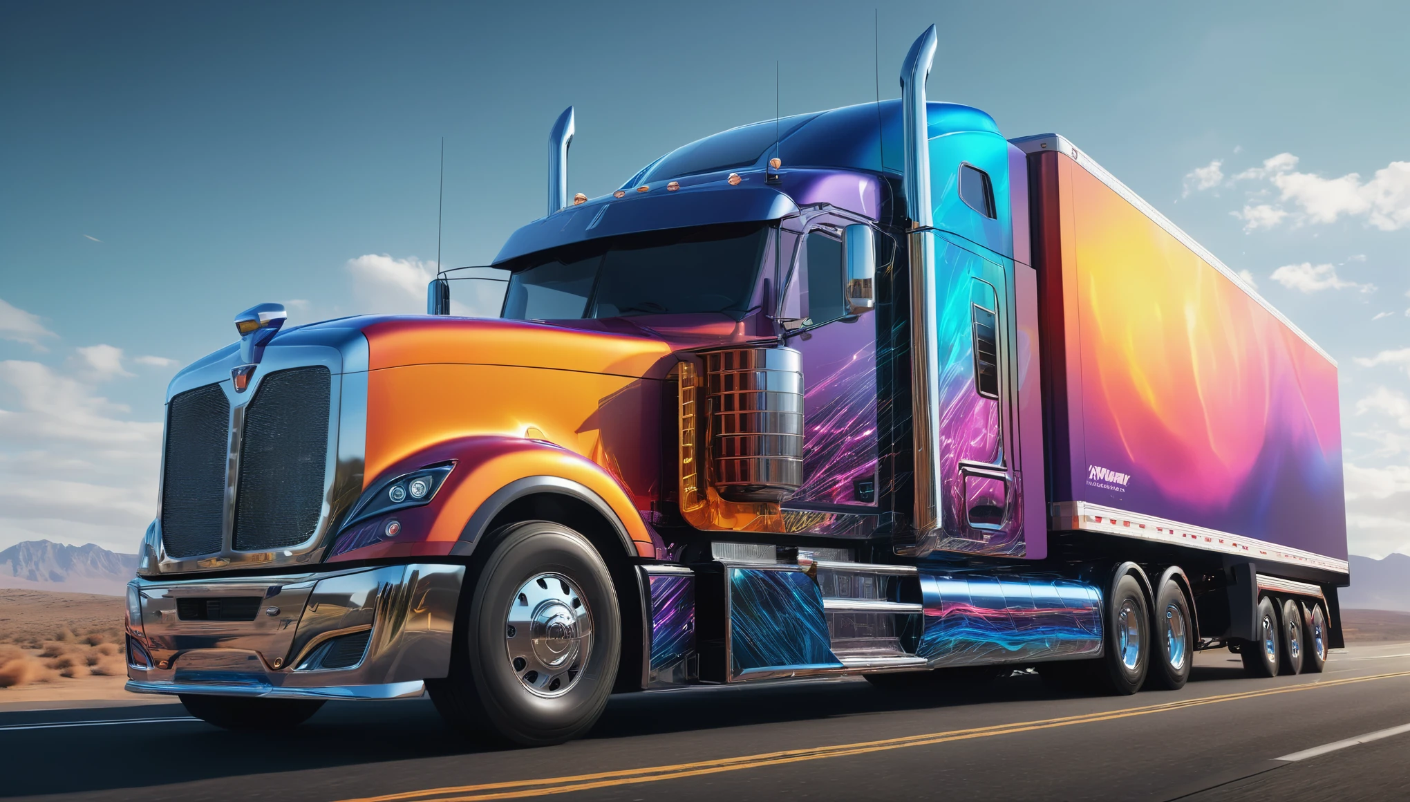 Illustrate a colossal truck and trailer taking inspiration from the quantum entanglement phenomenon, with interconnected components and ethereal aesthetics, ultra detailed, hyper realistic, 8k, vibrant colors, sharp crisp image