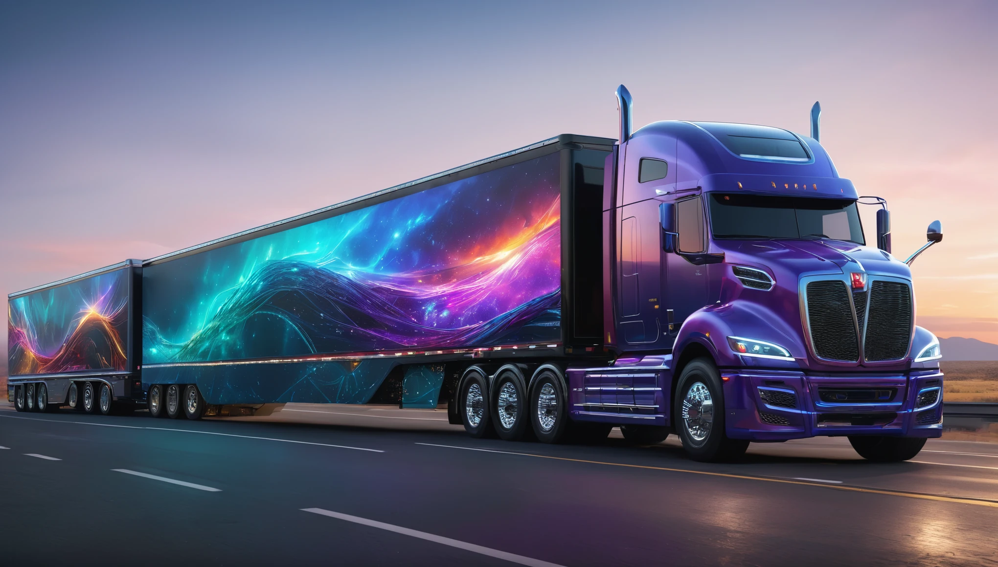 Illustrate a colossal truck and trailer taking inspiration from the quantum entanglement phenomenon, with interconnected components and ethereal aesthetics, ultra detailed, hyper realistic, 8k, vibrant colors, sharp crisp image
