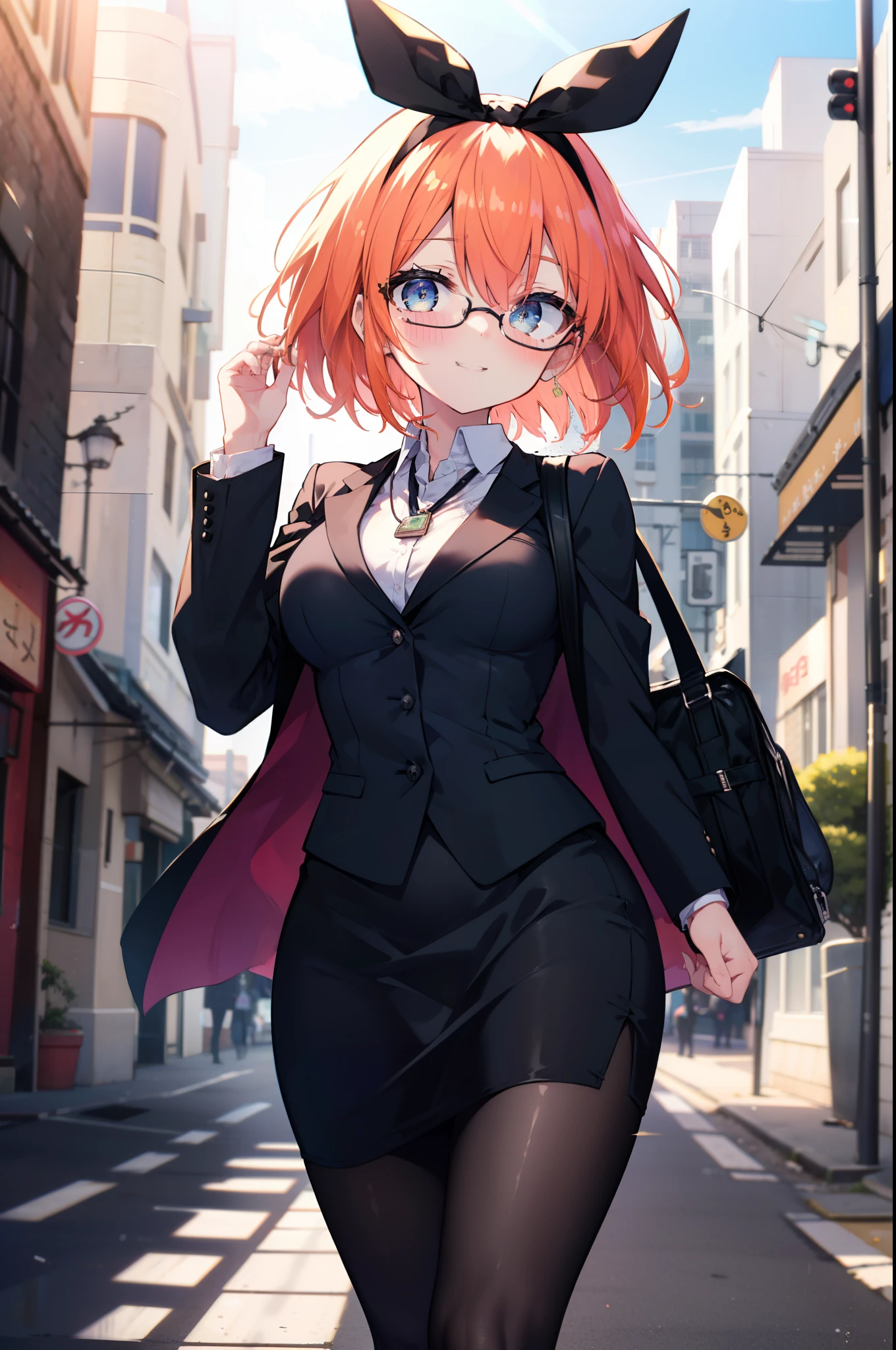 yotsubanakano, yotsuba nakano, bangs, short hair, blue eyes, hair between eyes, hair ribbon, hair band, orange hair, green ribbon,smile,blush,OL, Akabu glasses, end, black suit jacket, collared jacket, white dress shirt, collared shirt, neckline, button, strap, ID card on neck, black pencil skirt, black pantyhose,stiletto heels,sunrise,morning,The sun is rising through the gap between the buildings,walking,business bag 1:1
break looking at viewer, (cowboy shot:1. 5)
break outdoors, In town,building street,
break (masterpiece:1.2), highest quality, High resolution, unity 8k wallpaper, (figure:0.8), (detailed and beautiful eyes:1.6), highly detailed face, perfect lighting, Very detailed CG, (perfect hands, perfect anatomy),