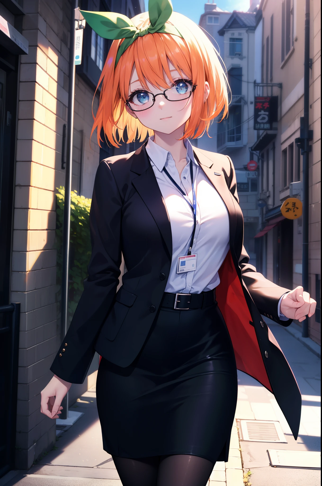 yotsubanakano, yotsuba nakano, bangs, short hair, blue eyes, hair between eyes, hair ribbon, hair band, orange hair, green ribbon,smile,blush,OL, Akabu glasses, end, black suit jacket, collared jacket, white dress shirt, collared shirt, neckline, button, strap, ID card on neck, black pencil skirt, black pantyhose,stiletto heels,sunrise,morning,The sun is rising through the gap between the buildings,walking,business bag 1:1
break looking at viewer, (cowboy shot:1. 5)
break outdoors, In town,building street,
break (masterpiece:1.2), highest quality, High resolution, unity 8k wallpaper, (figure:0.8), (detailed and beautiful eyes:1.6), highly detailed face, perfect lighting, Very detailed CG, (perfect hands, perfect anatomy),