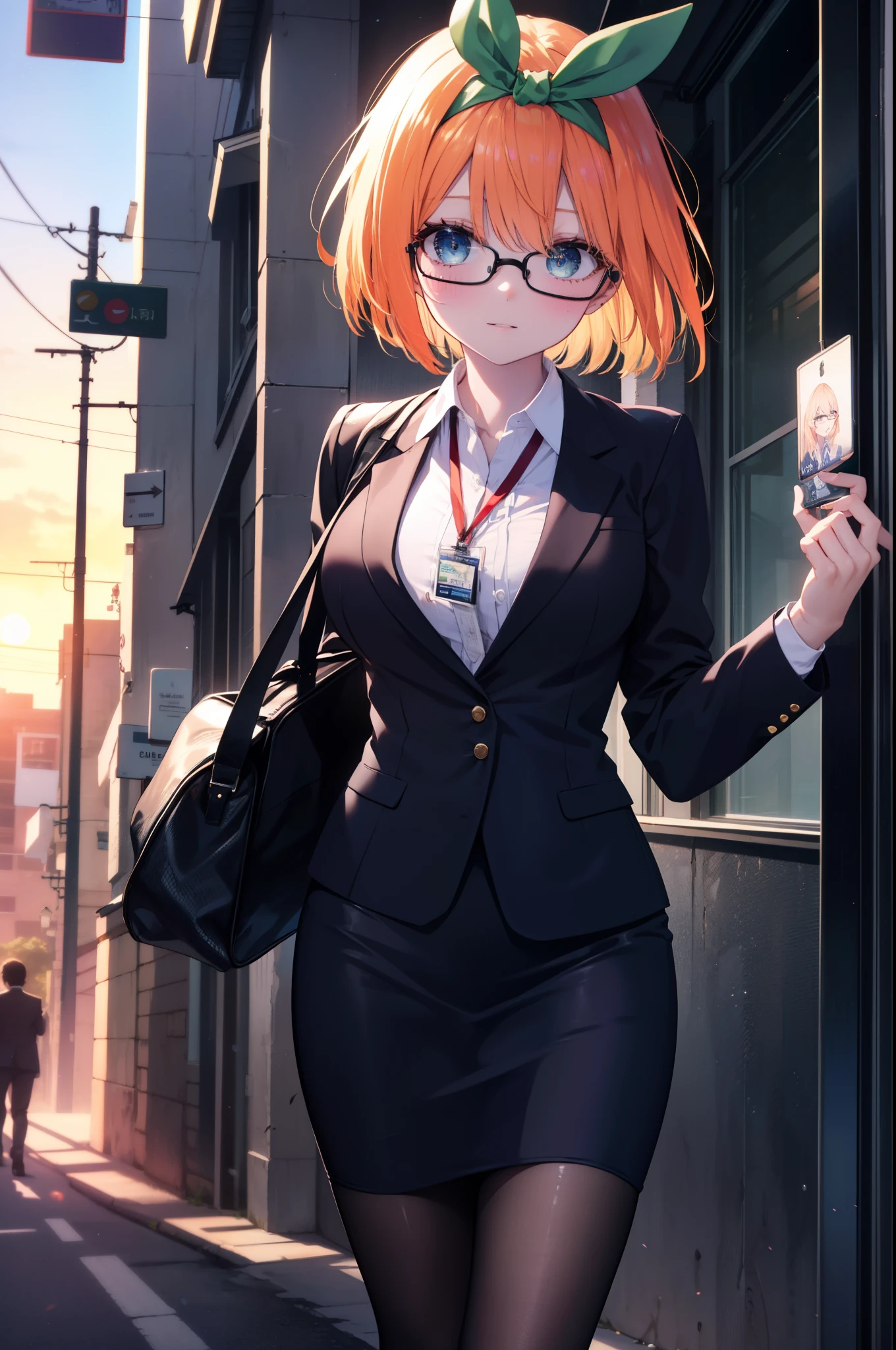yotsubanakano, yotsuba nakano, bangs, short hair, blue eyes, hair between eyes, hair ribbon, hair band, orange hair, green ribbon,smile,blush,OL, Akabu glasses, end, black suit jacket, collared jacket, white dress shirt, collared shirt, neckline, button, strap, ID card on neck, black pencil skirt, black pantyhose,stiletto heels,sunrise,morning,The sun is rising through the gap between the buildings,walking,business bag 1:1
break looking at viewer, (cowboy shot:1. 5)
break outdoors, In town,building street,
break (masterpiece:1.2), highest quality, High resolution, unity 8k wallpaper, (figure:0.8), (detailed and beautiful eyes:1.6), highly detailed face, perfect lighting, Very detailed CG, (perfect hands, perfect anatomy),