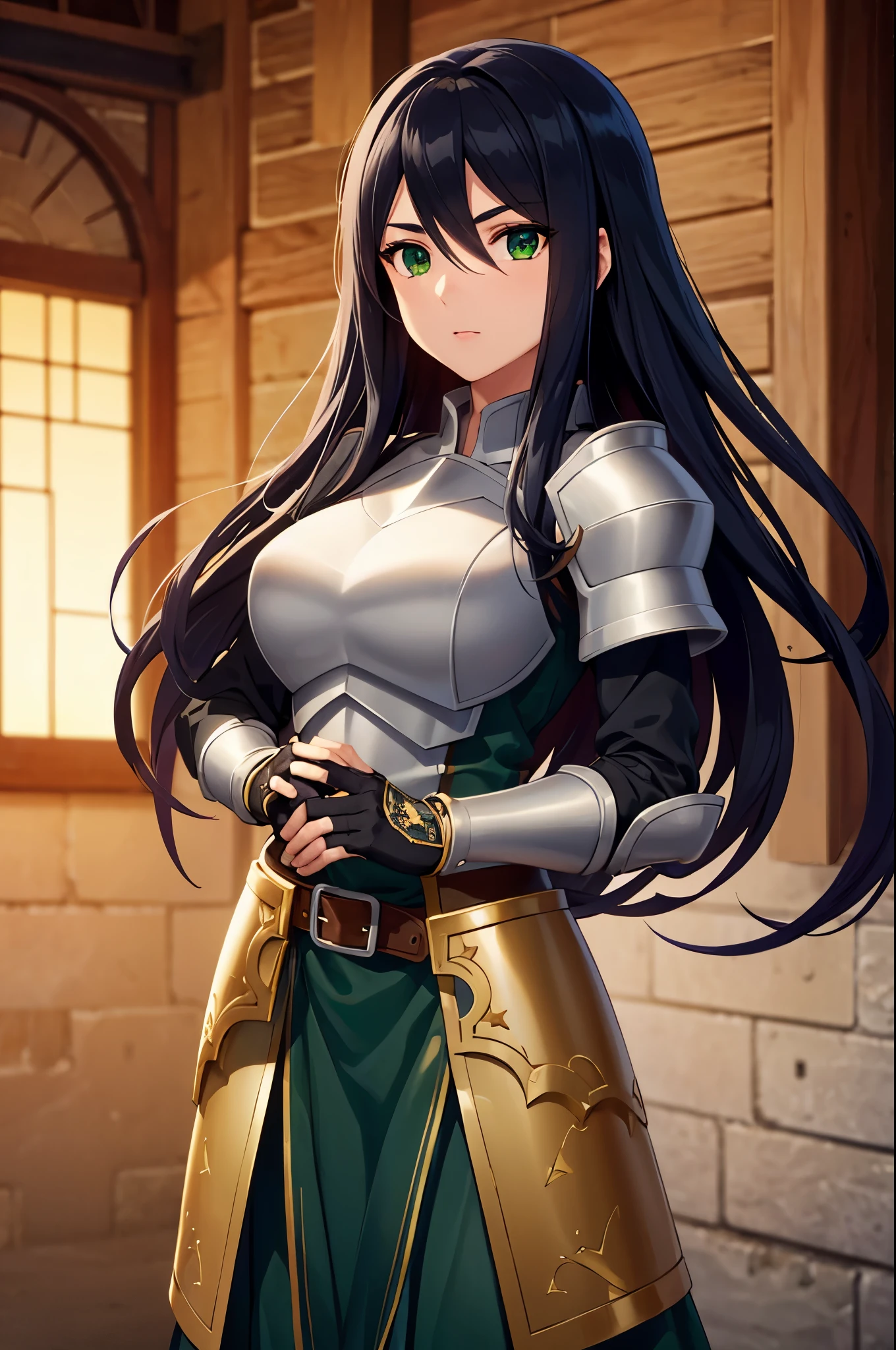 theodoradephilo, theodora dephilo, long hair, black hair, hair between eyes, very long hair, (green eyes:1.3), BREAK gloves, black gloves, belt, fingerless gloves, armor, shoulder armor, breastplate, BREAK outdoors, BREAK looking at viewer, (cowboy shot:1.5), BREAK (masterpiece:1.2), best quality, high resolution, unity 8k wallpaper, (illustration:0.8), (beautiful detailed eyes:1.6), extremely detailed face, perfect lighting, extremely detailed CG, (perfect hands, perfect anatomy),
