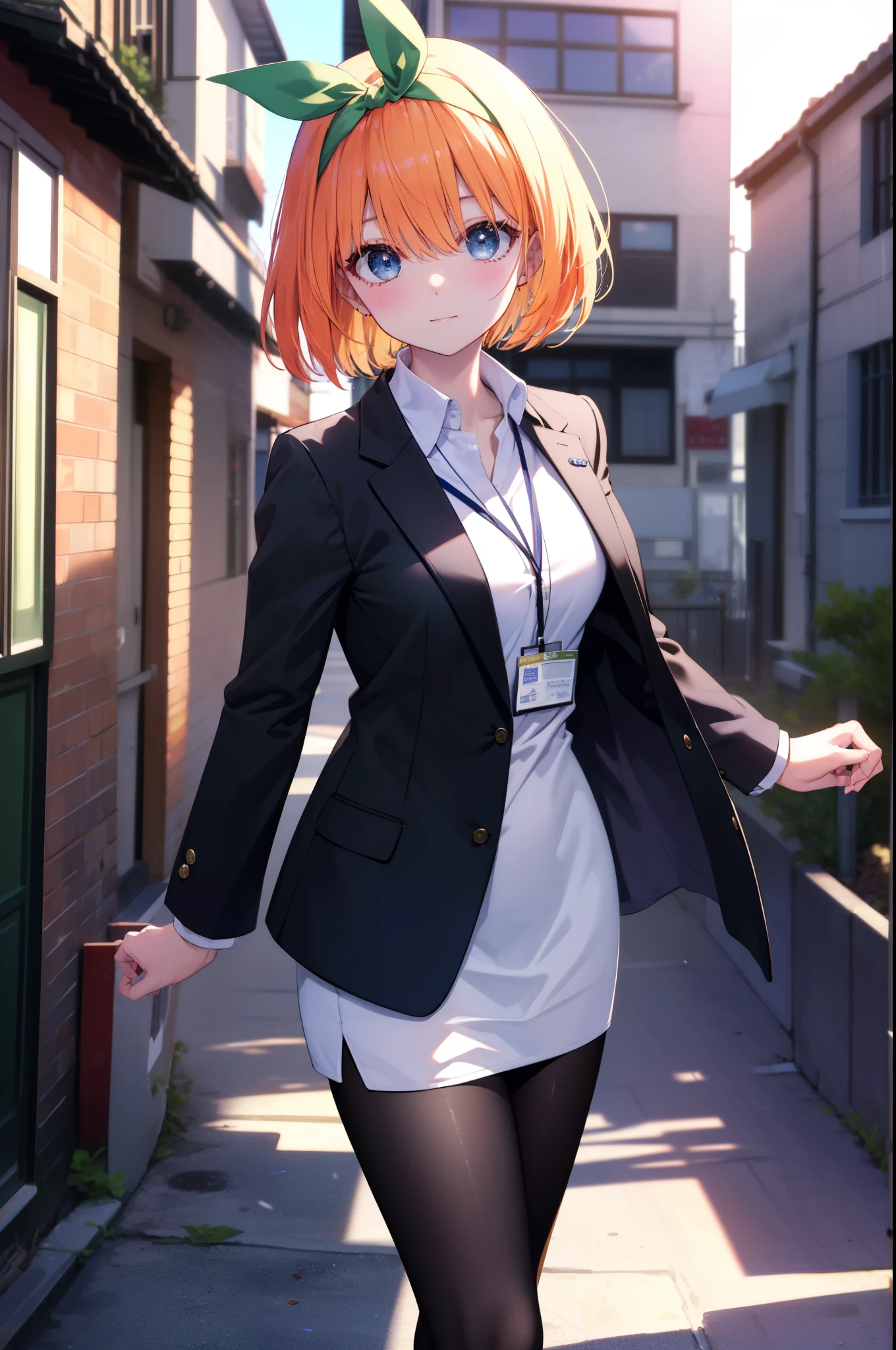 yotsubanakano, yotsuba nakano, bangs, short hair, blue eyes, hair between eyes, hair ribbon, hair band, orange hair, green ribbon,smile,blush,OL, Akabu glasses, end, black suit jacket, collared jacket, white dress shirt, collared shirt, neckline, button, strap, ID card on neck, black pencil skirt, black pantyhose,stiletto heels,sunrise,morning,The sun is rising through the gap between the buildings,walking,
break looking at viewer, (cowboy shot:1. 5)
break outdoors, In town,building street,
break (masterpiece:1.2), highest quality, High resolution, unity 8k wallpaper, (figure:0.8), (detailed and beautiful eyes:1.6), highly detailed face, perfect lighting, Very detailed CG, (perfect hands, perfect anatomy),