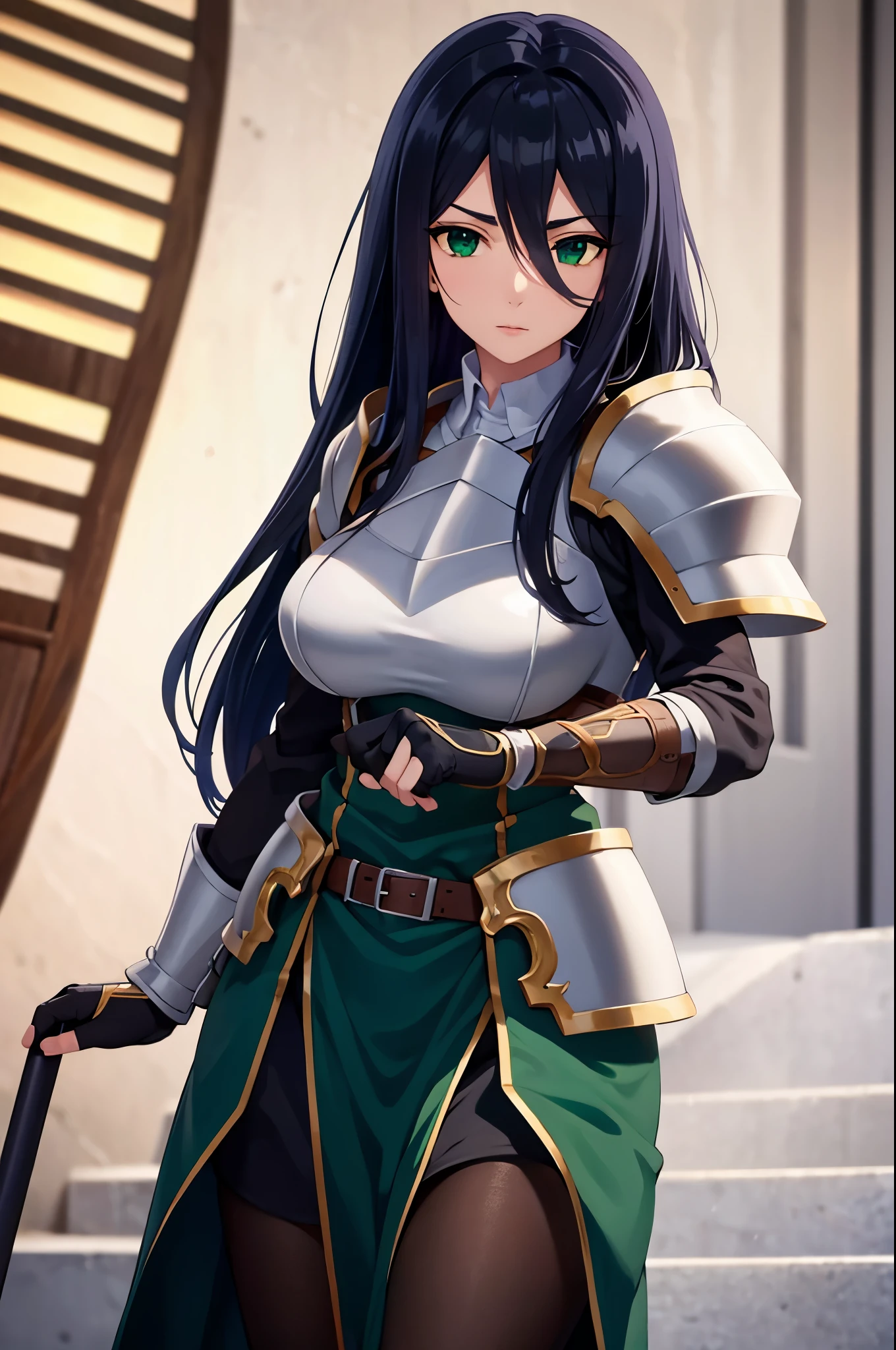 theodoradephilo, theodora dephilo, long hair, black hair, hair between eyes, very long hair, (green eyes:1.3), BREAK gloves, black gloves, belt, fingerless gloves, armor, shoulder armor, breastplate, BREAK outdoors, BREAK looking at viewer, (cowboy shot:1.5), BREAK (masterpiece:1.2), best quality, high resolution, unity 8k wallpaper, (illustration:0.8), (beautiful detailed eyes:1.6), extremely detailed face, perfect lighting, extremely detailed CG, (perfect hands, perfect anatomy),
