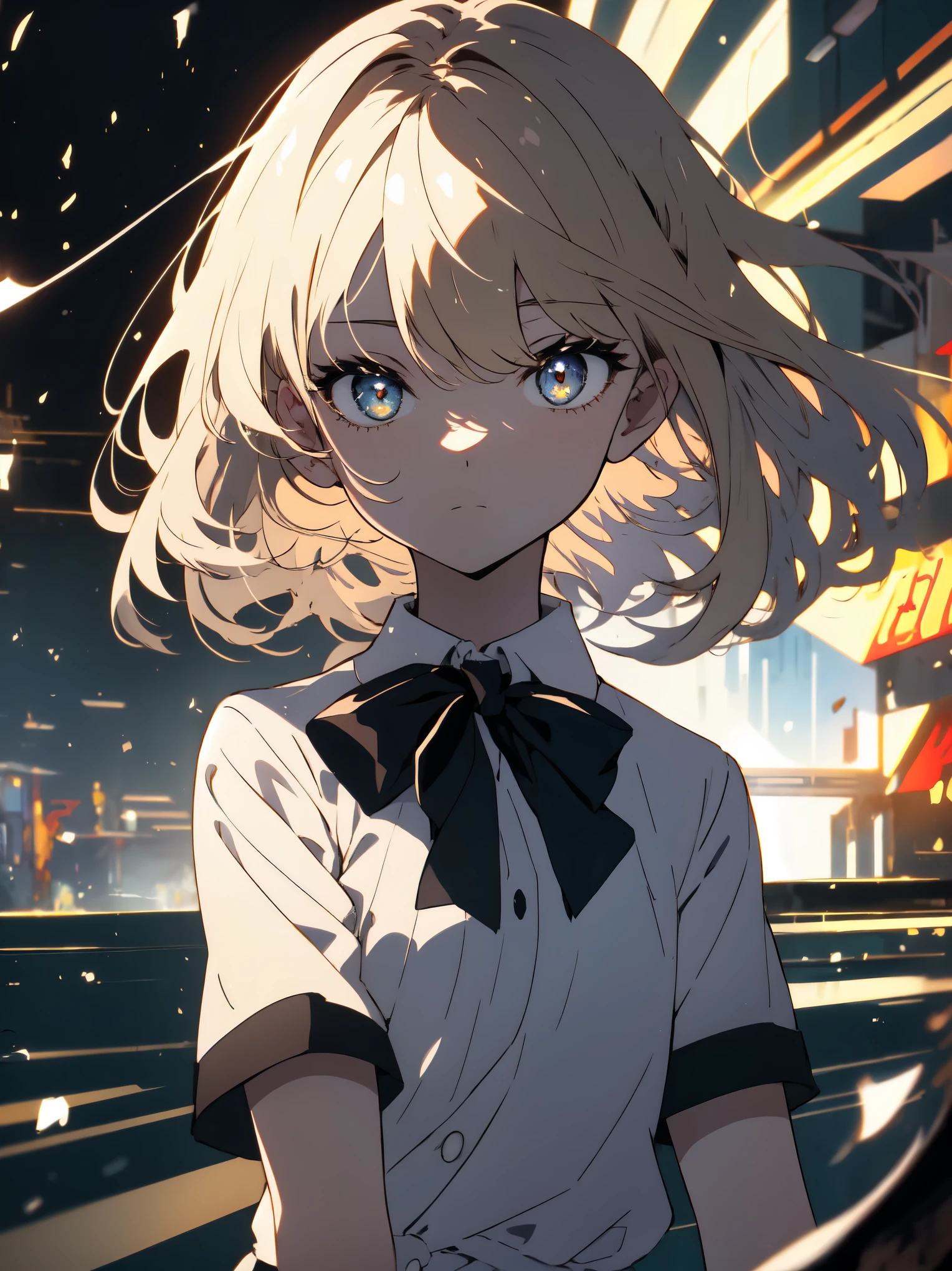 ((highest quality、masterpiece、Shining eyes、be familiar with))、(very delicate and beautiful: 1.2), 1 girl, robber girl, bangs, cute eyes, bow, brown hair, closed mouth, Landscape, hair between eyes, hair bow, short sleeve, looking at the viewer, medium hair, alone, Upper body, school uniform: 1.3, ((alone)), (masterpiece), blonde、beautiful anime
