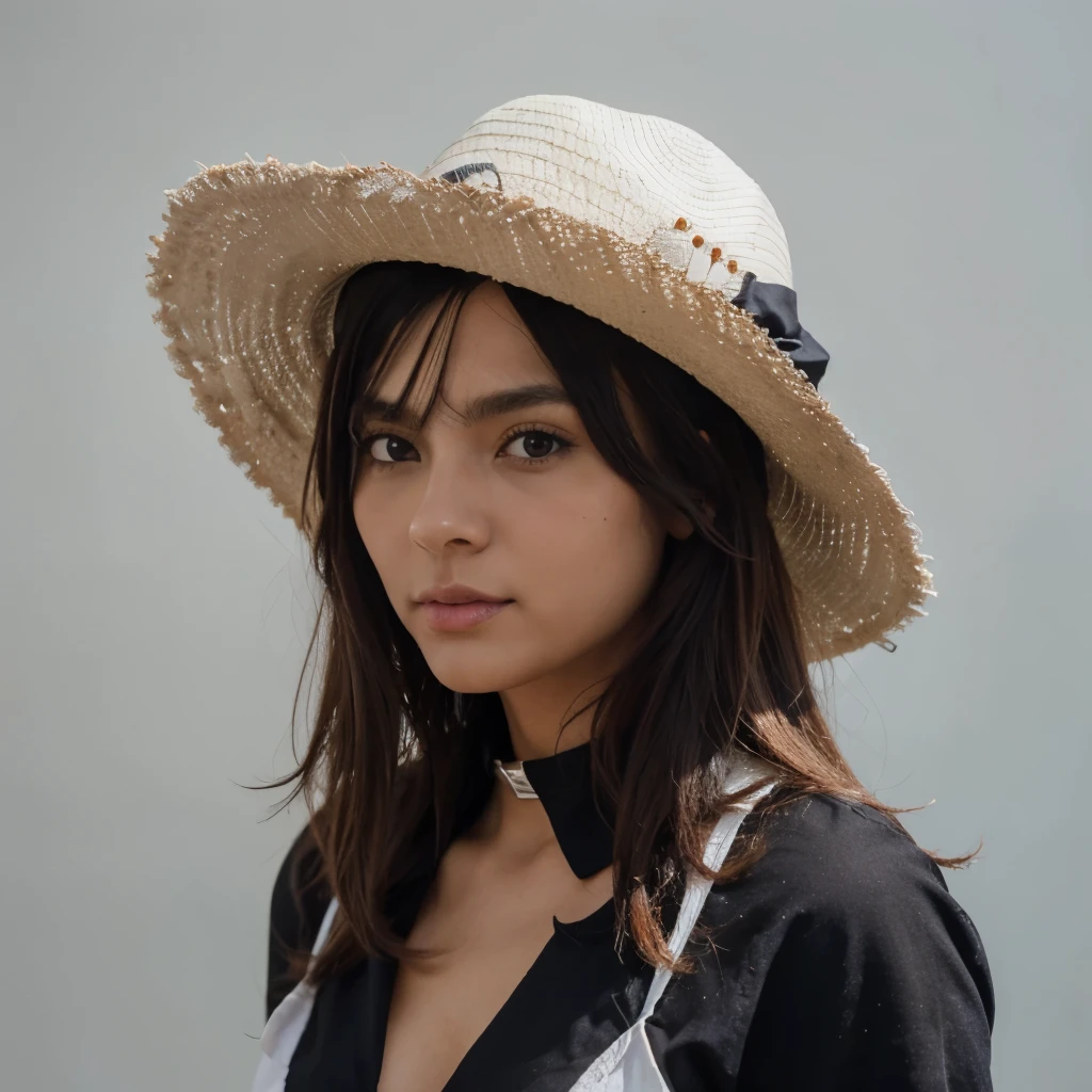 Personaje tipo anime de piel blanca literal,sombrero ancho color negro,cuernos negros,pelo negro puntiagudo combinado con pelo rosa puntiagudo,cara de enojo mordiendo los dientes,auriculares con puas de metal,camisa mangas largas abierta mostrano el pecho con un collar de una cruz pero de azul