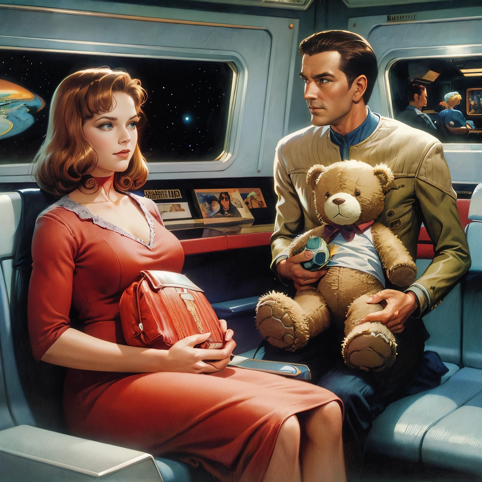 there is a woman and a man sitting on a train with a teddy bear, by Jim Burns, style of jim burns, by Bob Ringwood, by Tim Hildebrandt, by Ed Emshwiller, ( art fitzpatrick ), alex gross, by Jack Gaughan, by Art Fitzpatrick, retro sci - fi art, by Ron Walotsky