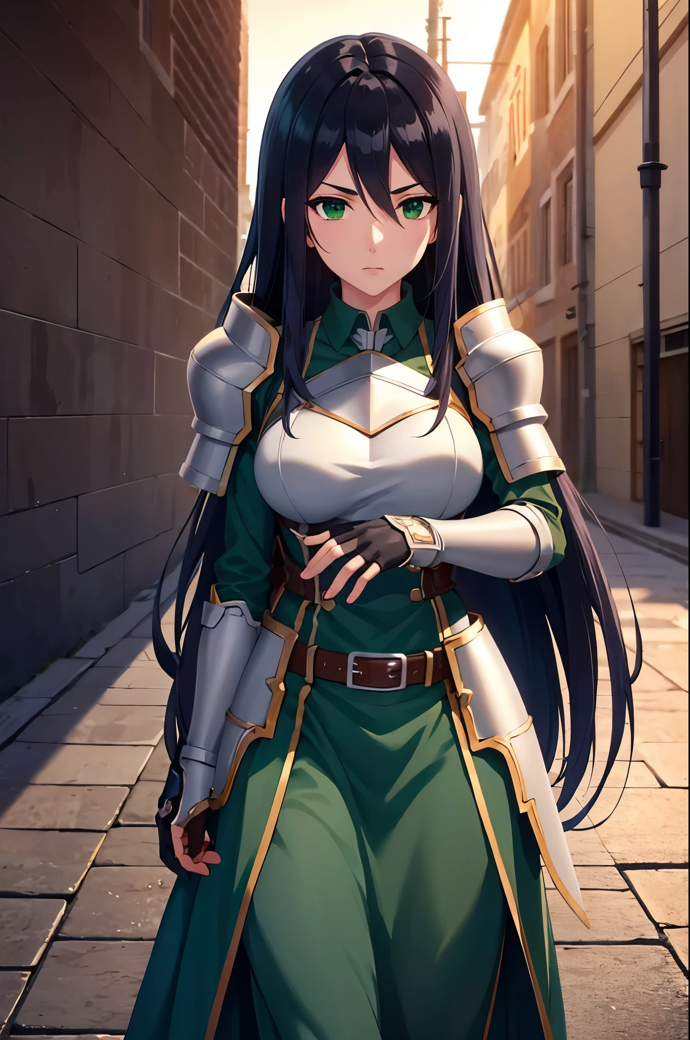 theodoradephilo, theodora dephilo, long hair, black hair, hair between eyes, very long hair, (green eyes:1.3), BREAK gloves, black gloves, belt, fingerless gloves, armor, shoulder armor, breastplate, BREAK outdoors, BREAK looking at viewer, (cowboy shot:1.5), BREAK (masterpiece:1.2), best quality, high resolution, unity 8k wallpaper, (illustration:0.8), (beautiful detailed eyes:1.6), extremely detailed face, perfect lighting, extremely detailed CG, (perfect hands, perfect anatomy),
