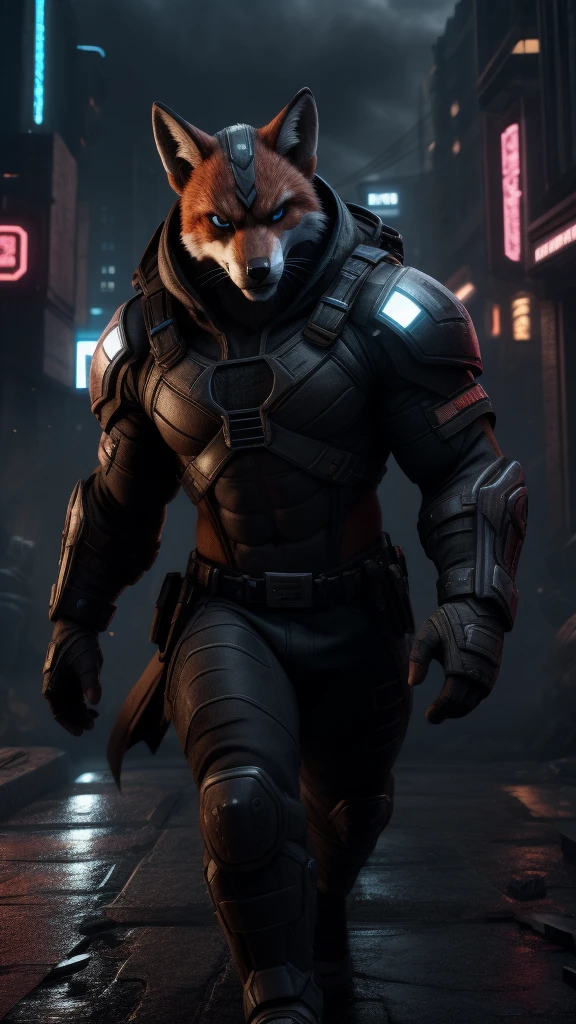 (best quality,3d render:1.2),urban warrior, fox face, muscular body, intense gaze, menacing presence, armored suit, high-tech weaponry, dystopian cityscape, atmospheric lighting, gritty and dark tones, smoky background, dynamic action pose, rugged and battle-worn, attention to fine details, realistic textures, fierce and powerful, captivating and awe-inspiring, cyberpunk aesthetic, epic and cinematic, intense shadows and highlights, futuristic elements, confident and determined expression, dominant and dominant, masterful illustration, vibrant and bold colors