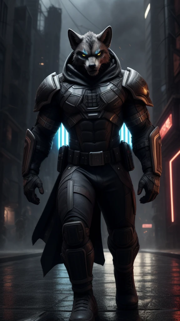 (best quality,3d render:1.2),urban warrior, fox face, muscular body, intense gaze, menacing presence, armored suit, high-tech weaponry, dystopian cityscape, atmospheric lighting, gritty and dark tones, smoky background, dynamic action pose, rugged and battle-worn, attention to fine details, realistic textures, fierce and powerful, captivating and awe-inspiring, cyberpunk aesthetic, epic and cinematic, intense shadows and highlights, futuristic elements, confident and determined expression, dominant and dominant, masterful illustration, vibrant and bold colors