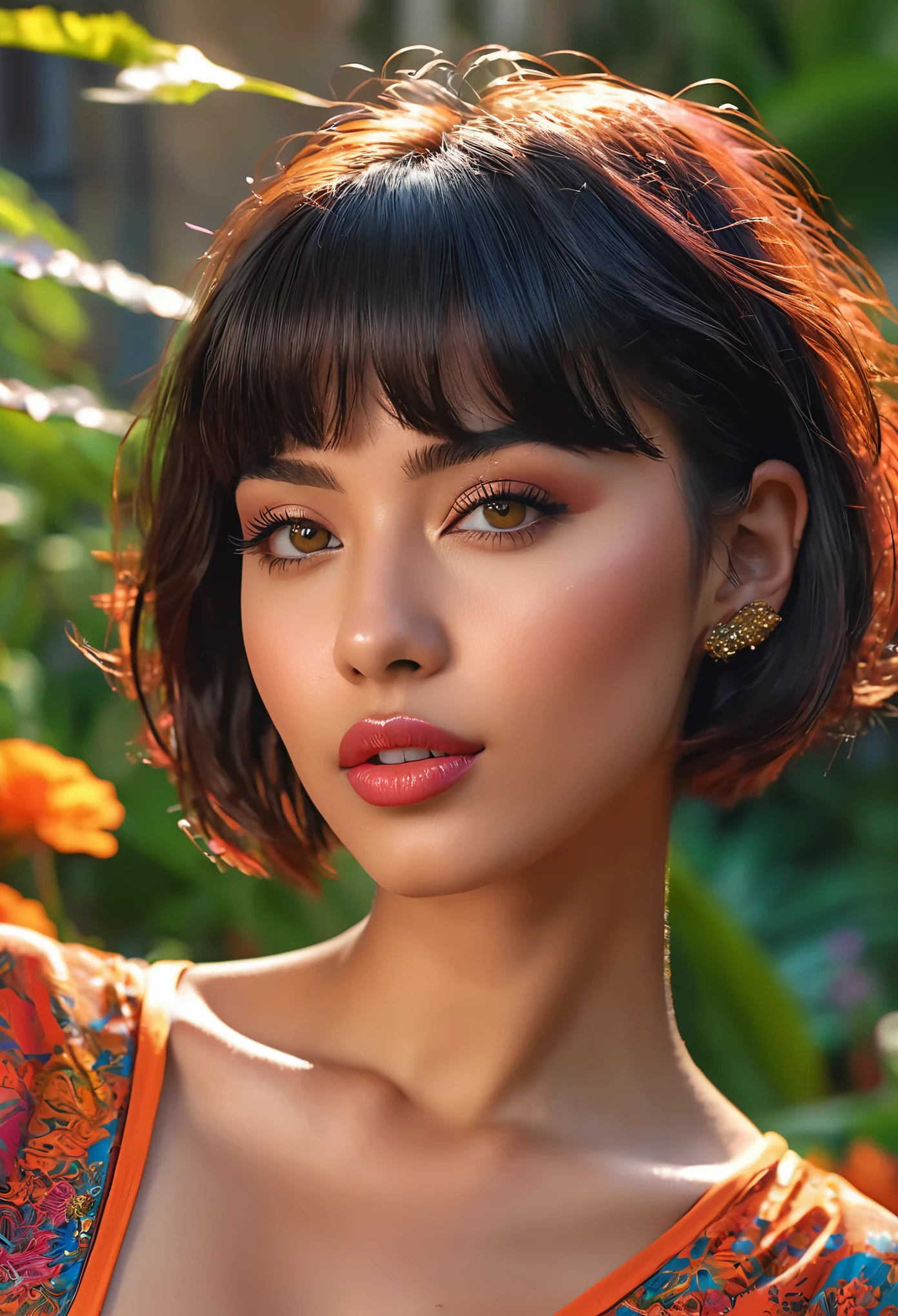 a girl with short hair, beautiful detailed facial features, expressive eyes, and glossy lips, 2 confident and alluring girls in a vibrant garden, vibrant colors, HDR lighting, ultra-detailed rendering, amazing 4k quality, a masterpiece:1.2, a glamorous and seductive harem setting, provocative clothing and poses, diverse skin tones with a focus on black gal style, a sense of freedom and empowerment, exotic and alluring atmosphere, a mix of Western and Eastern influences, seductive gazes and captivating smiles, a dominant and luxurious feel, a perfect balance between elegance and sensuality.