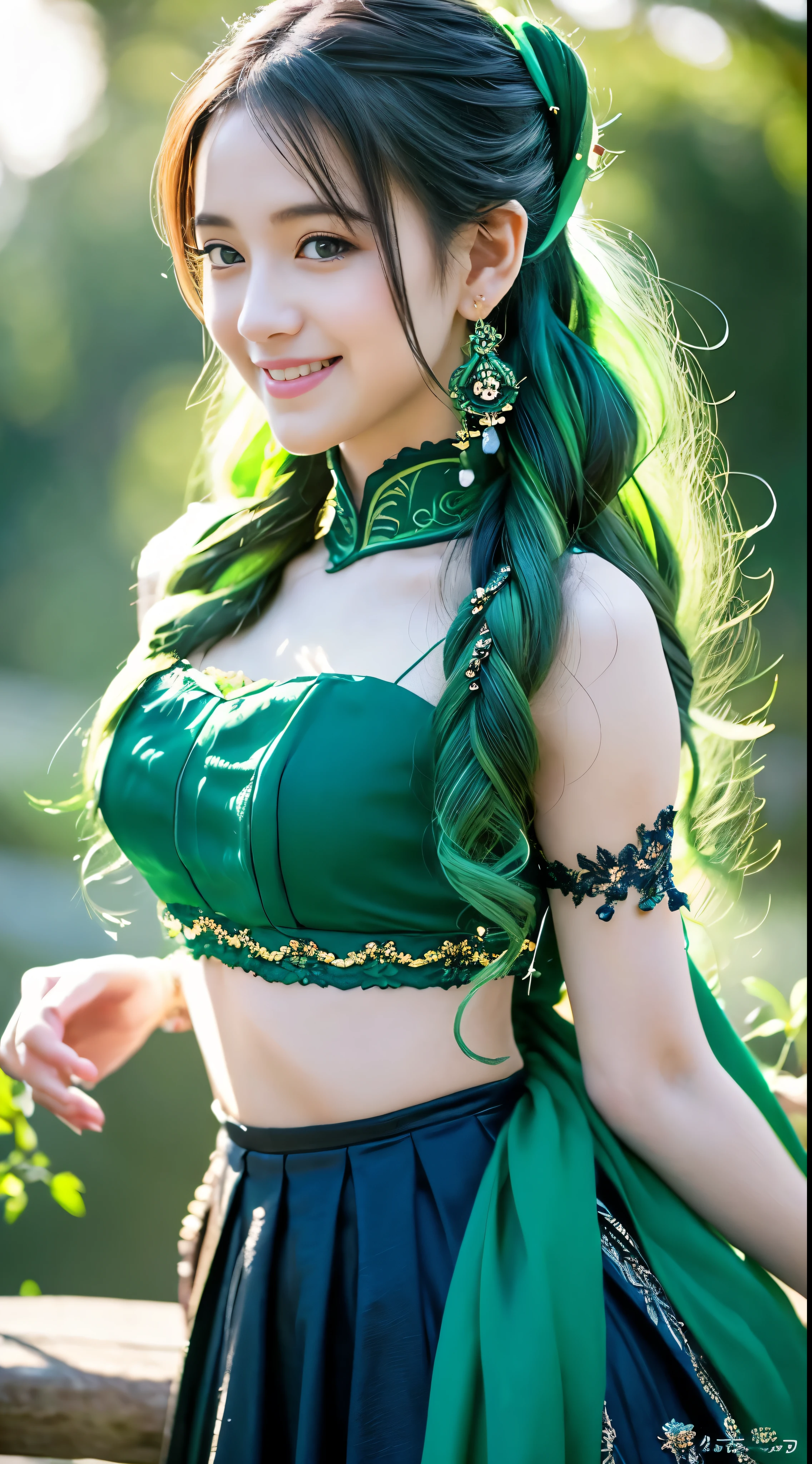 Mid-shot portrait photography Farzan、1 Girl Character Genshin Impact、She shows off her enchanting presence with her sweet green hair in twin tails.、intricately decorated with hair ornaments。long locks flowing down、Creates a fascinating contrast against a dark fantasy background。Her seductive smile、A charming grin、Adds an attractive dimension to her personality。The mid shot、From an elegant dress that looks like it's made of water.、Even the small gesture of gently placing a hand on your waist、Her solo appearance in the corner々It captures up to。with great attention to detail、Greg Rutkowski and Walt Disney、
