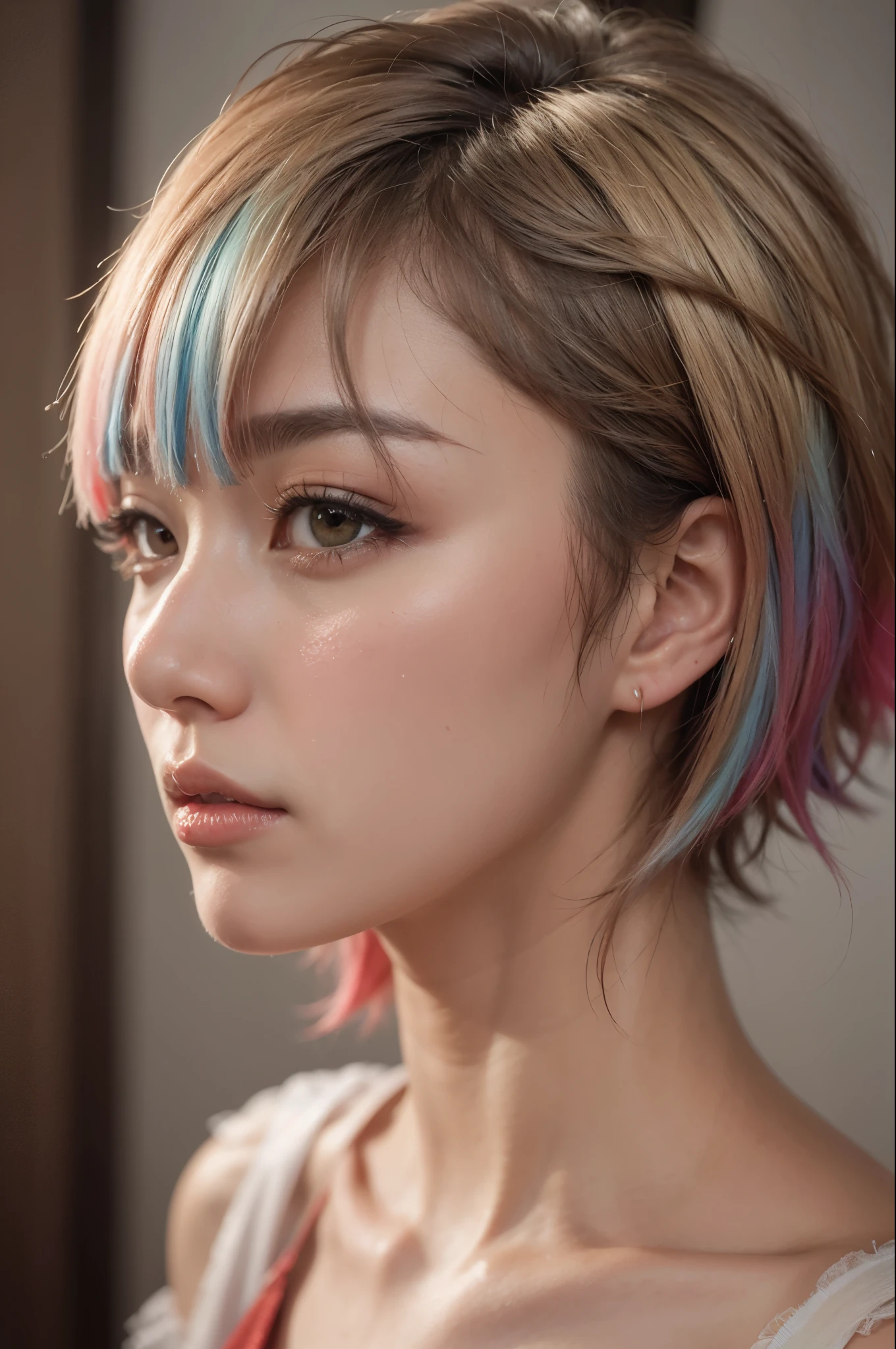 a close up of a woman with a colorful hair and a red dress, portrait of a woman like leol, colorful pigtail, A mix of anime style and Fujifilm, Anaglyph effect Ayami Kojima, stunning anime face portraits, colorful]」, light-colored hair streaks, Larisa Manobar, Inspired by Yanjun Chen, with short hair, K-POPアイドルの肖像画