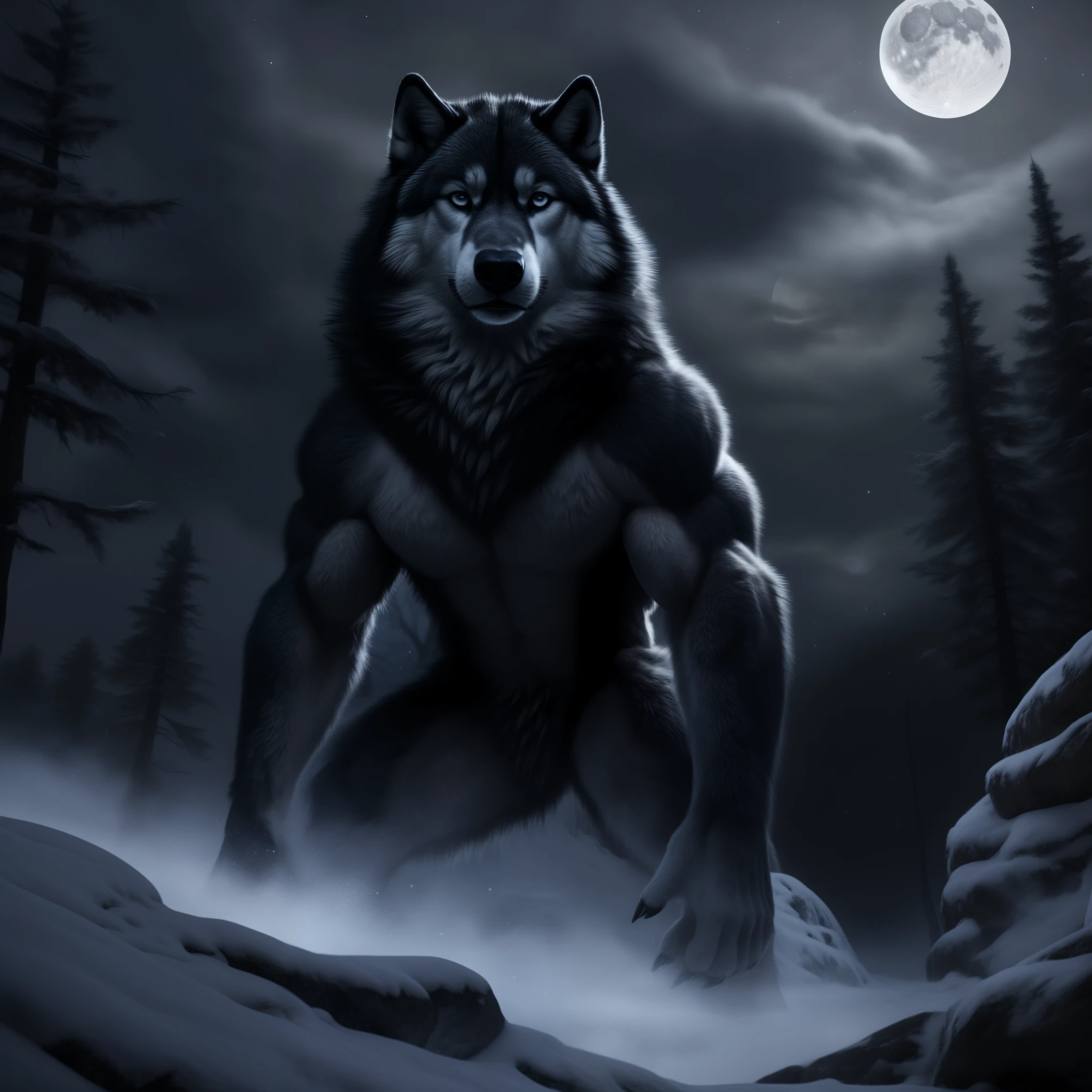 High-quality, ultra-detailed artwork depicting a thrilling scene of wolves hunting under the moonlit night sky. The expertly crafted 3D render showcases a pack of muscular and powerful wolves, their sleek bodies illuminated by the soft glow of the moon. Each wolf stands in an idle yet poised position, their muscles taut and ready to strike. Their intense gazes pierce through the darkness, displaying a mix of determination and hunger. The artist's attention to detail is evident in the intricate depiction of the wolves' fur, capturing every strand and texture with astounding realism. The atmosphere is rich with a cold, suspenseful aura, as if the viewer can feel the chilly breeze rustling through the trees in the detailed background. This mesmerizing masterpiece,