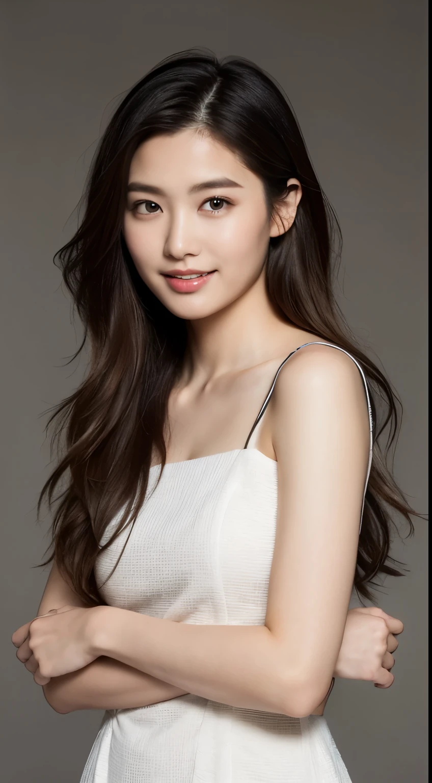 (highest quality, 8k, masterpiece:1.3)) , (one person: 1.4), 1 girl, japanese woman, goddess, 21 years old, portrait photography, high contrast, god&#39;s perspective, Aperture F1.2, Focus distance 24mm, ( whole body: 1.2), smile, pose for a photo,  Simple cut dress, Simple cut, long brown hair, tied up hair, Highly detailed skin details, fine fabric texture