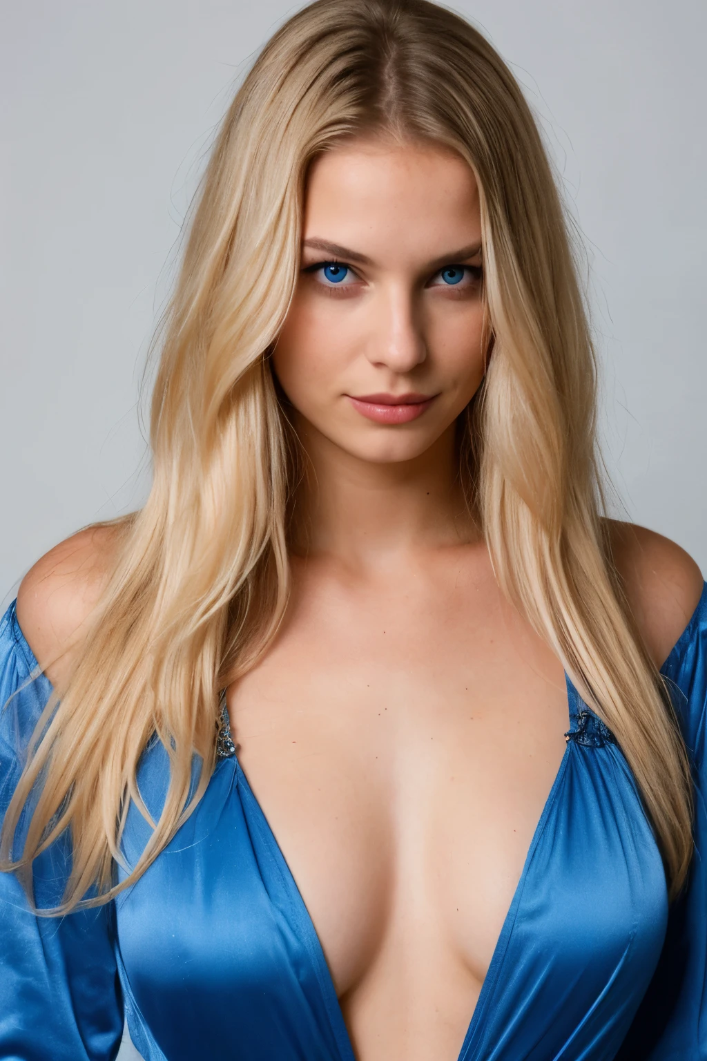 femme blonde, avec une robe de couleur bleu, 25 ans, realistic,
