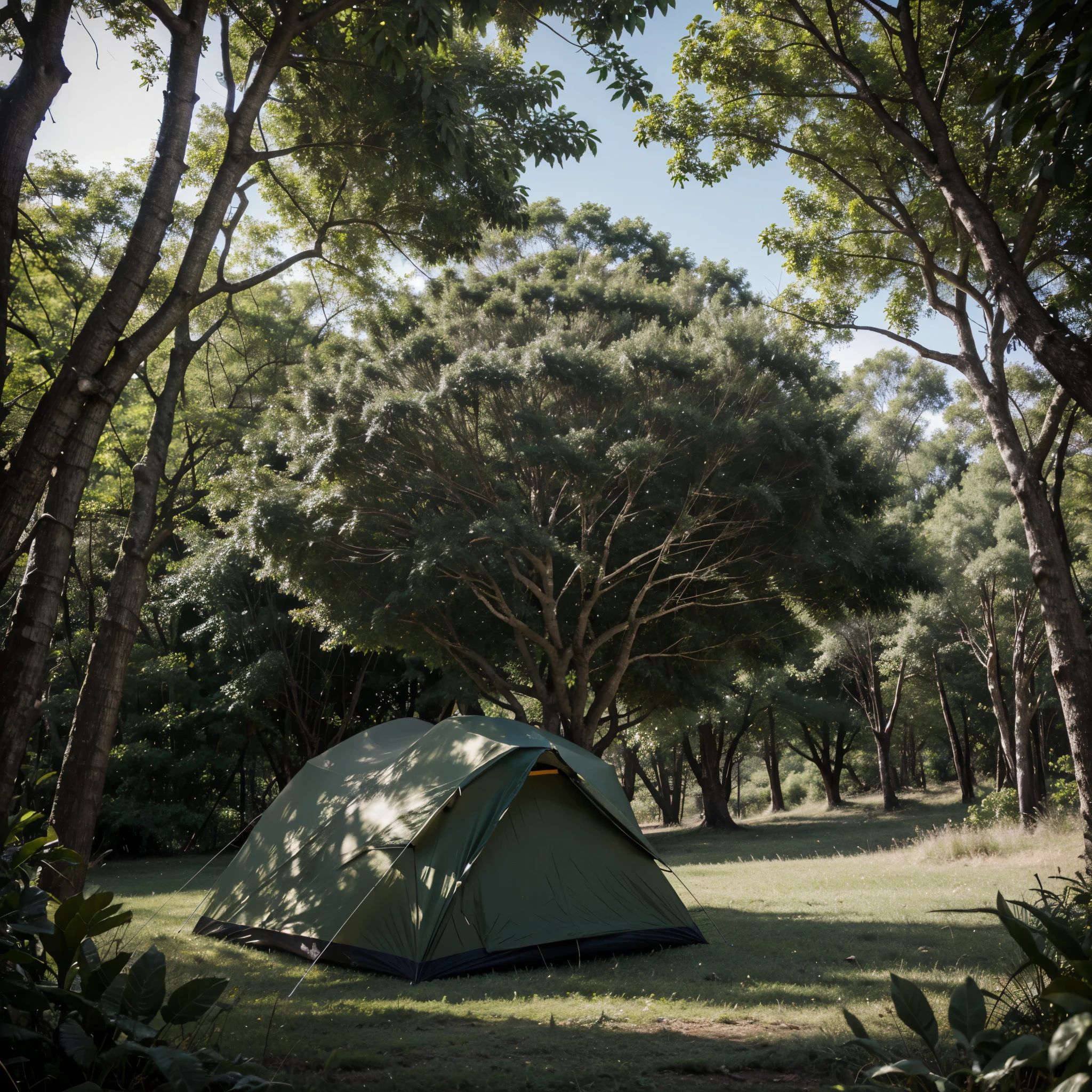 A tent , black, jungle , grass , trees ,