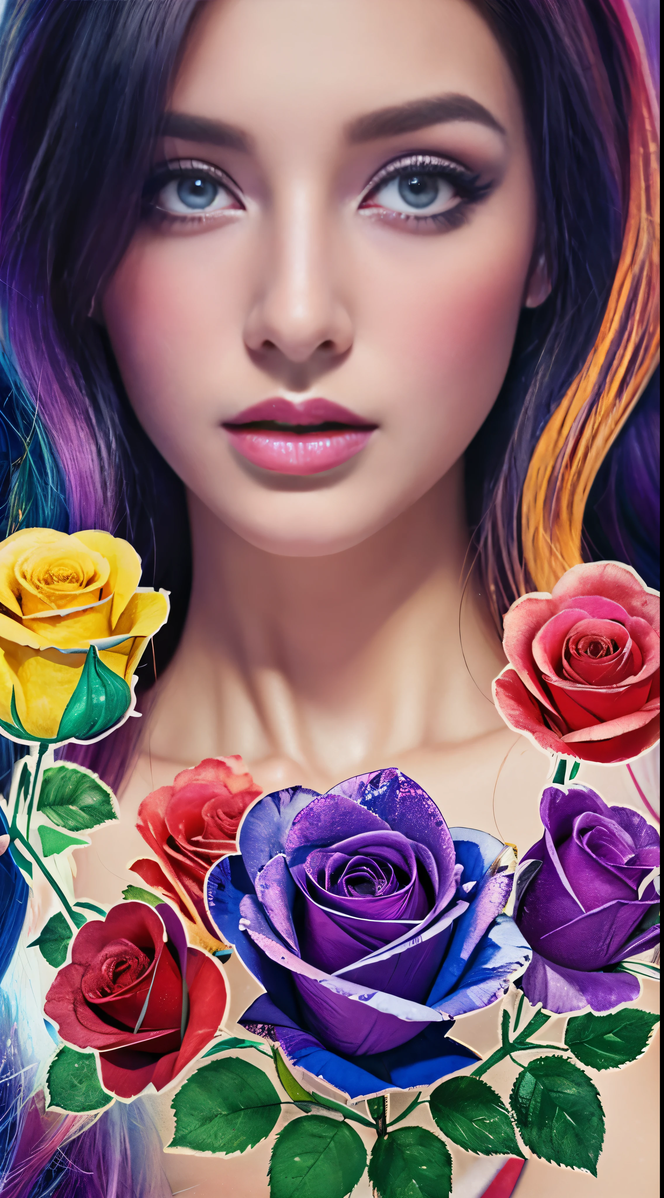 print to mix color. perfect simetria. purple rose in the middle positioned next to the face of a beautiful lady scene adlt 18 with intense eyes who crying a tear and golden lips.. Blush, reflection, trod. illustration, cinematic lighting. view from the ceiling. abstract picasso. no 3d. no teen. no so realistic. no watercolor  