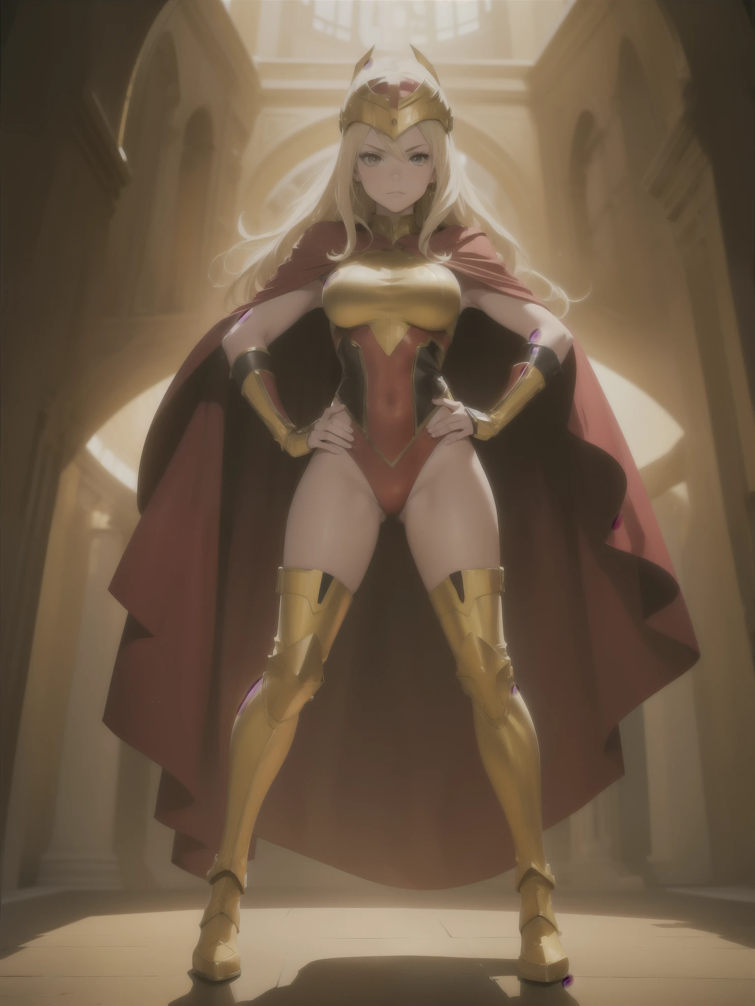 ((masterpiece)), ((best quality)), ((high res)), (dynamic villain pose), (solo, solo focus), standing, italian, blonde hair, brown eyes, a woman in a yellow and red costume and red cape, leotard, bare legs, roman helmet with futuristic visor, matching armored boots, space backdrop