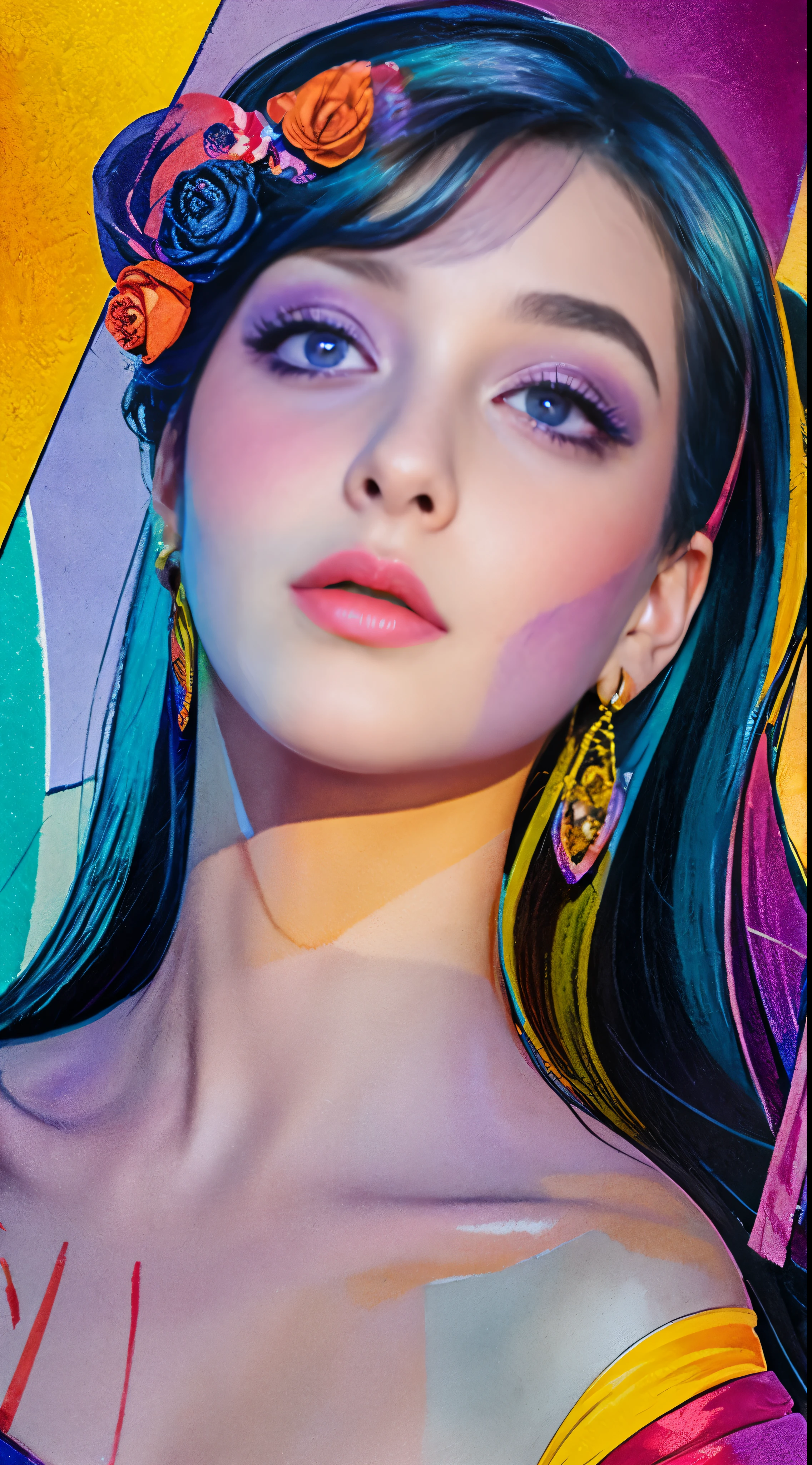print to mix color. perfect simetria. purple rose in the middle positioned next to the face of a beautiful lady scene adlt 18 with intense eyes who crying a tear and golden lips.. Blush, reflection, trod. illustration, cinematic lighting. view from the ceiling. abstract picasso. no 3d. no teen. no so realistic. no watercolor  