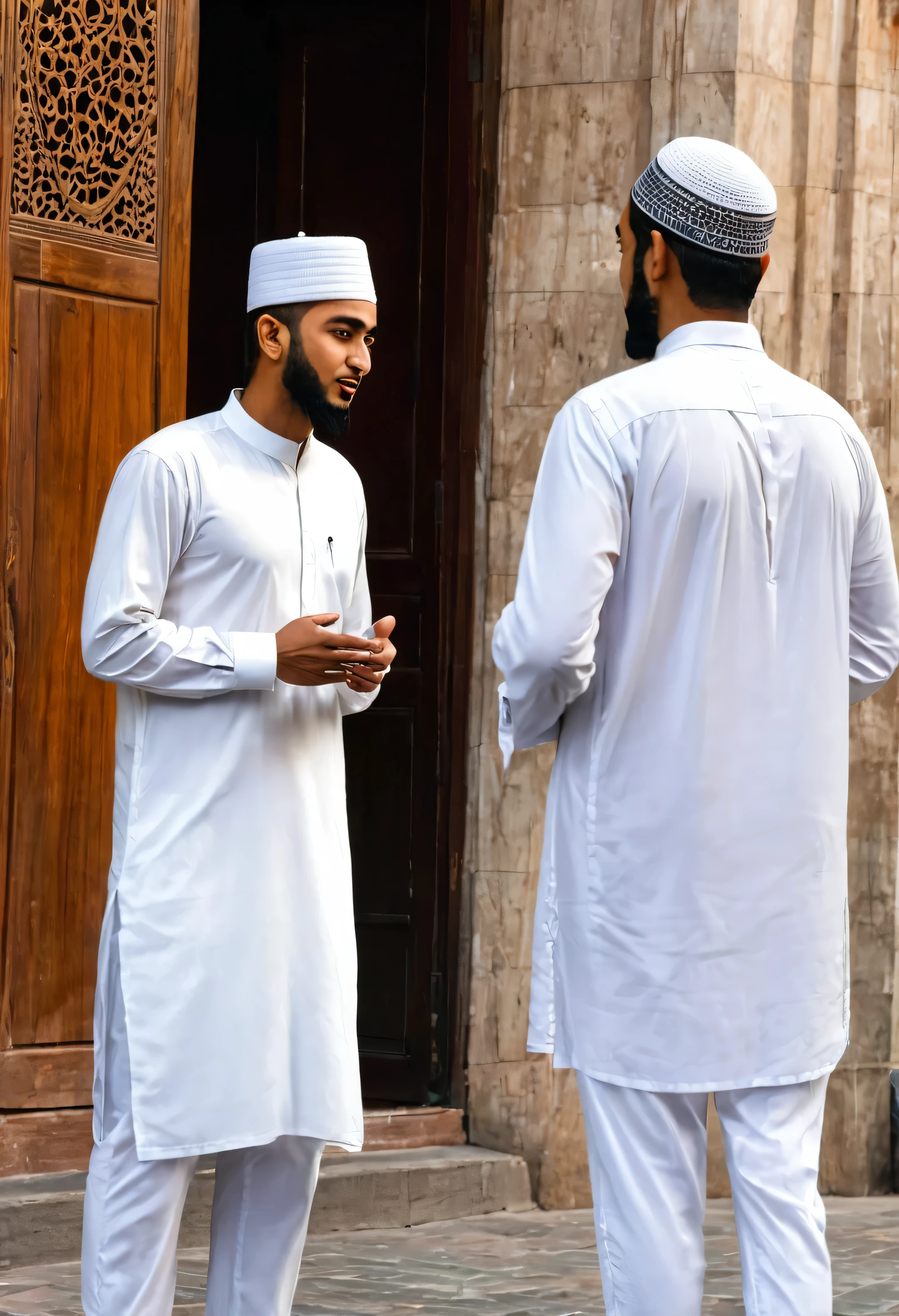 A Muslim man who wears white clothes and a hat on his head and is standing in the street of the mosque and talking to a friend and there is no woman in the street. 