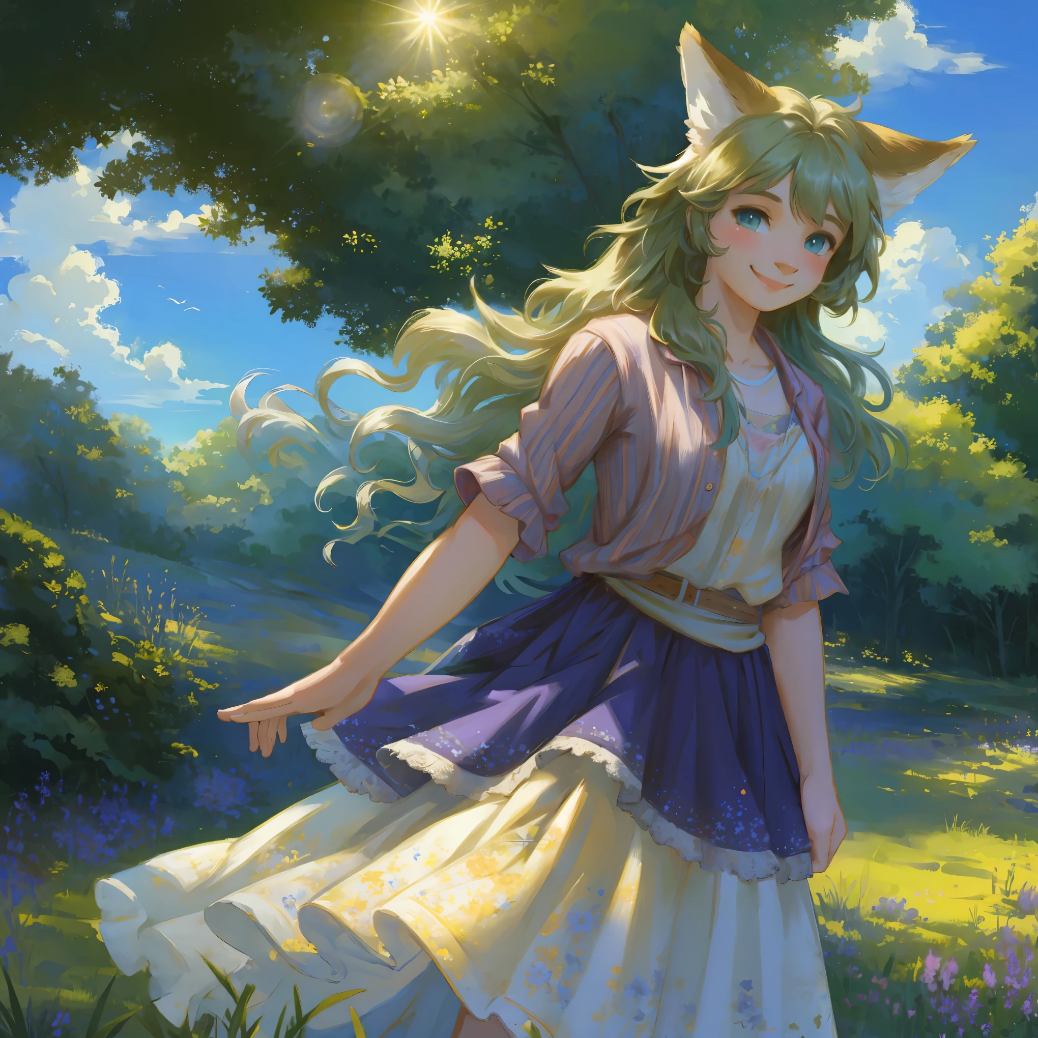 top quality, highres, High-quality illustrations, unparalleled masterpiece(movie of life)nature inspired imagery, rendered in maya, romanticized views, lively illustrations, hyper realistic, whimsical cartoonish, farm, Blue sky, clouds, florals Beautiful garden(furry anthro, solo, girl, casual fashion, Relux pose, Smile)absurdres, perfect anatomy, caustics, cinematic lighting, lens flare, deep shadow, dynamic angle,