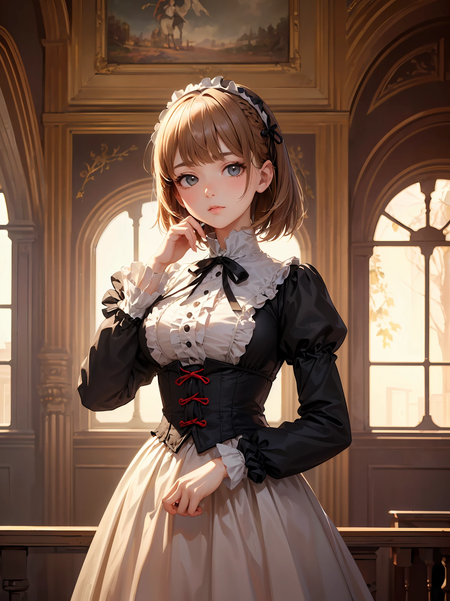 (highest quality、16K、masterpiece、ultra high resolution、Victorian era、Photoreal:1.2)、cowboy shot、One length bob cut braided hair clip with front drop、big ribbon、brand uniform　cute、clear、 Tsundere、heroine attributes、artistic shadow
